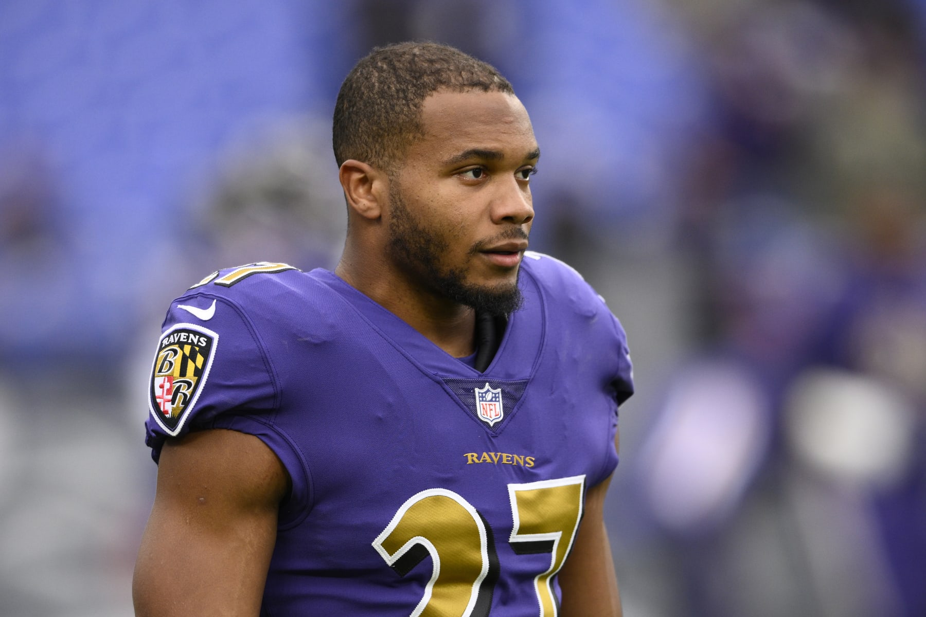 Baltimore Ravens running back J.K. Dobbins (27) warms up before an NFL football game against the Buffalo Bills, Sunday, Oct. 2, 2022, in Baltimore. (AP Photo/Nick Wass)