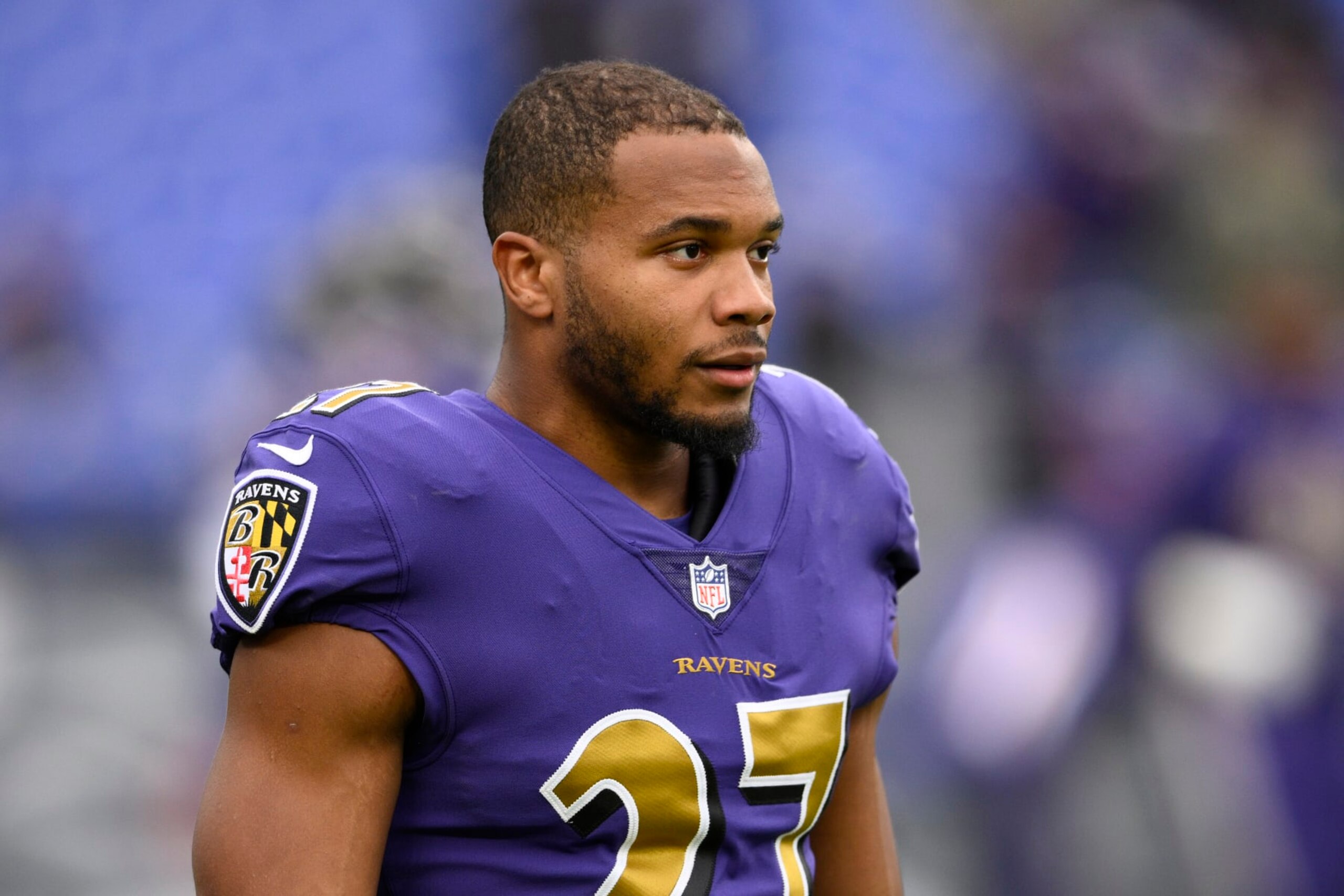 Baltimore Ravens running back J.K. Dobbins (27) warms up before an NFL football game against the Buffalo Bills, Sunday, Oct. 2, 2022, in Baltimore. (AP Photo/Nick Wass) Baltimore Ravens running back J.K. Dobbins (27) warms up before an NFL football game against the Buffalo Bills, Sunday, Oct. 2, 2022, in Baltimore. (AP Photo/Nick Wass)