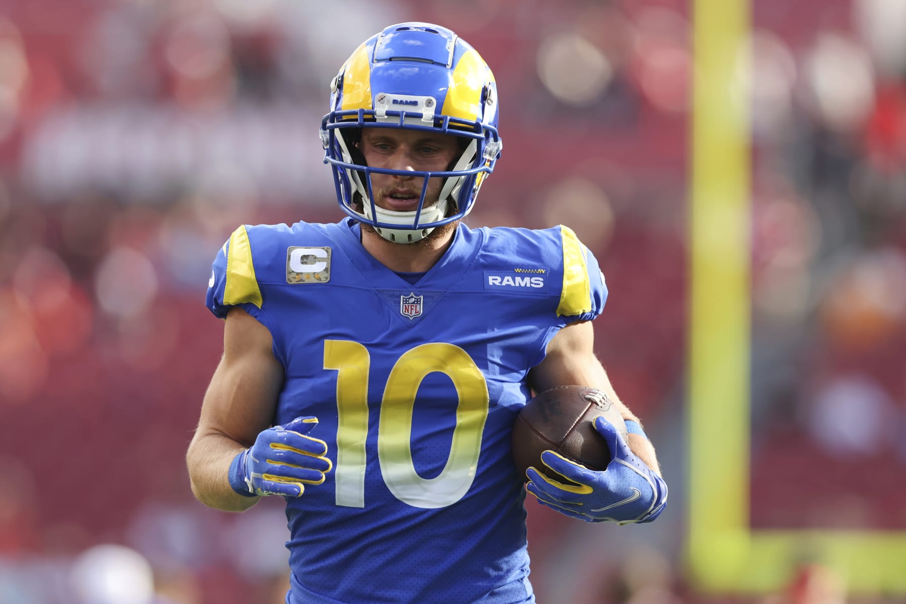 Los Angeles Rams wide receiver Cooper Kupp warms up before an NFL football game between the Los Angeles Rams and Tampa Bay Buccaneers, Sunday, Nov. 6, 2022, in Tampa, Fla. (AP Photo/Mark LoMoglio)