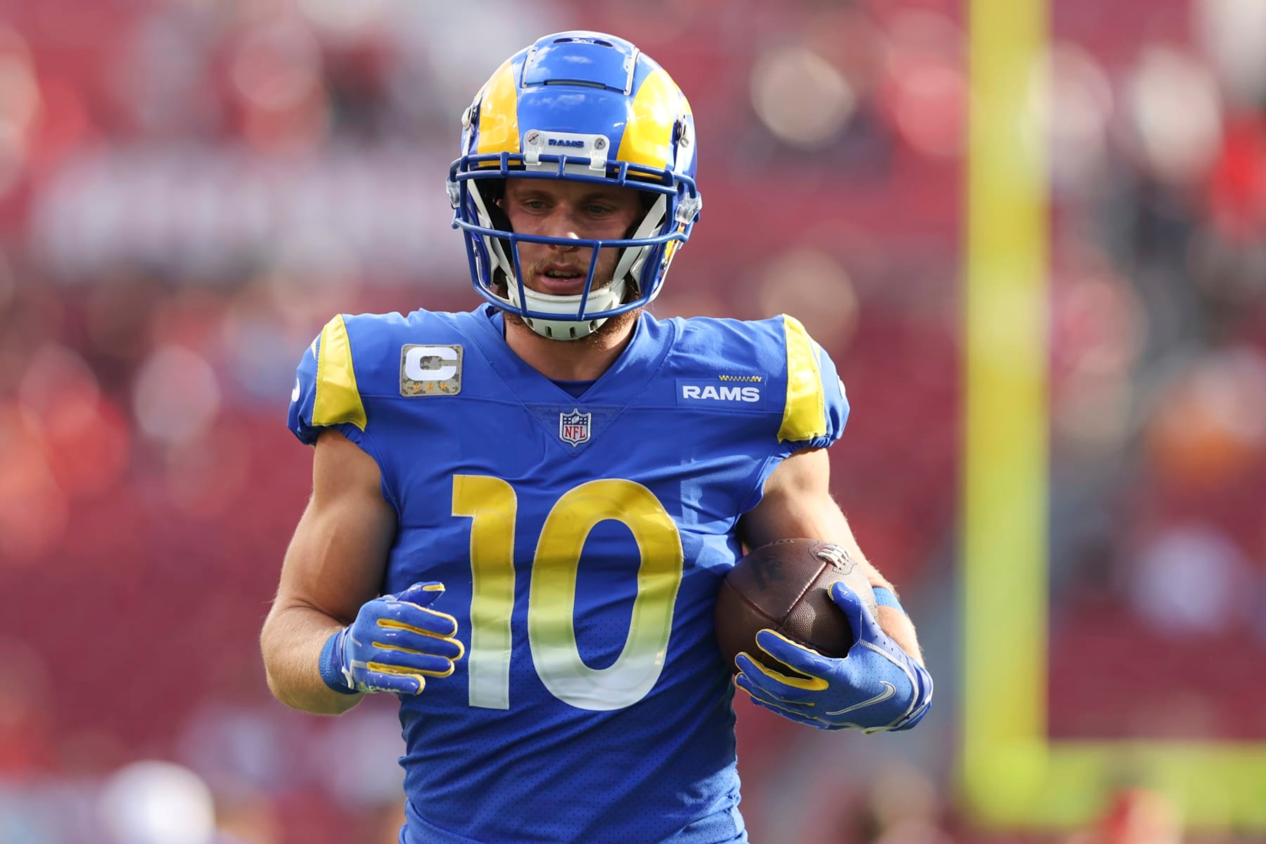 Los Angeles Rams wide receiver Cooper Kupp warms up before an NFL football game between the Los Angeles Rams and Tampa Bay Buccaneers, Sunday, Nov. 6, 2022, in Tampa, Fla. (AP Photo/Mark LoMoglio) Los Angeles Rams wide receiver Cooper Kupp warms up before an NFL football game between the Los Angeles Rams and Tampa Bay Buccaneers, Sunday, Nov. 6, 2022, in Tampa, Fla. (AP Photo/Mark LoMoglio)