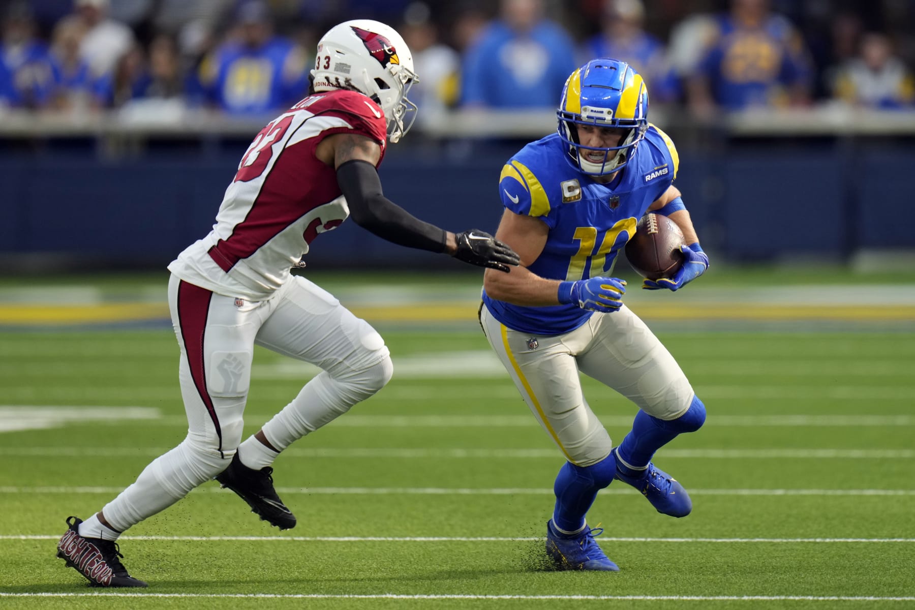 Los Angeles Rams wide receiver Cooper Kupp runs after a catch during the first half of an NFL football game against the Arizona Cardinals Sunday, Nov. 13, 2022, in Inglewood, Calif. (AP Photo/Jae C. Hong)