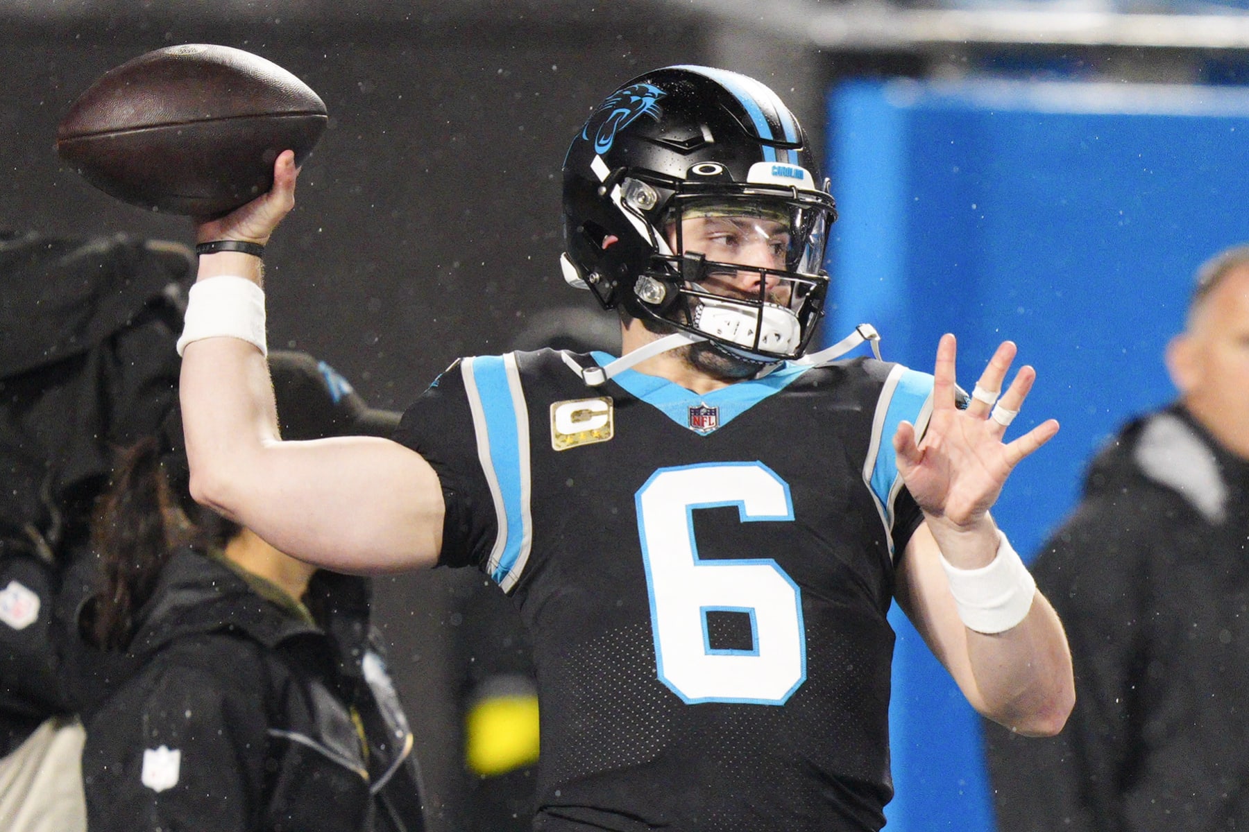Carolina Panthers quarterback Baker Mayfield warms up before an NFL football game between the Carolina Panthers and the Atlanta Falcons on Thursday, Nov. 10, 2022, in Charlotte, N.C. (AP Photo/Jacob Kupferman)