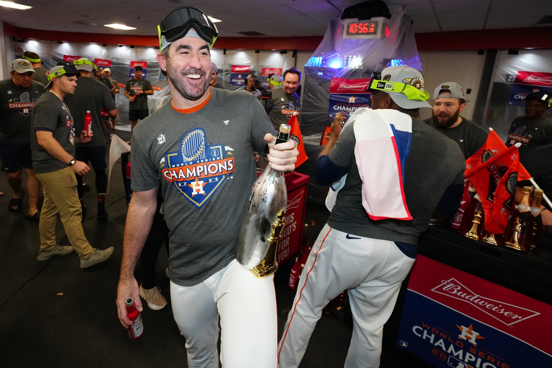 HOUSTON, TX - NOVEMBER 05:  Justin Verlander #35 of the Houston Astros celebrates in the clubhouse after the Astros defeated the Phillies, 4-1, in Game 6 of the 2022 World Series between the Philadelphia Phillies and the Houston Astros at Minute Maid Park on Saturday, November 5, 2022 in Houston, Texas. (Photo by Daniel Shirey/MLB Photos via Getty Images)