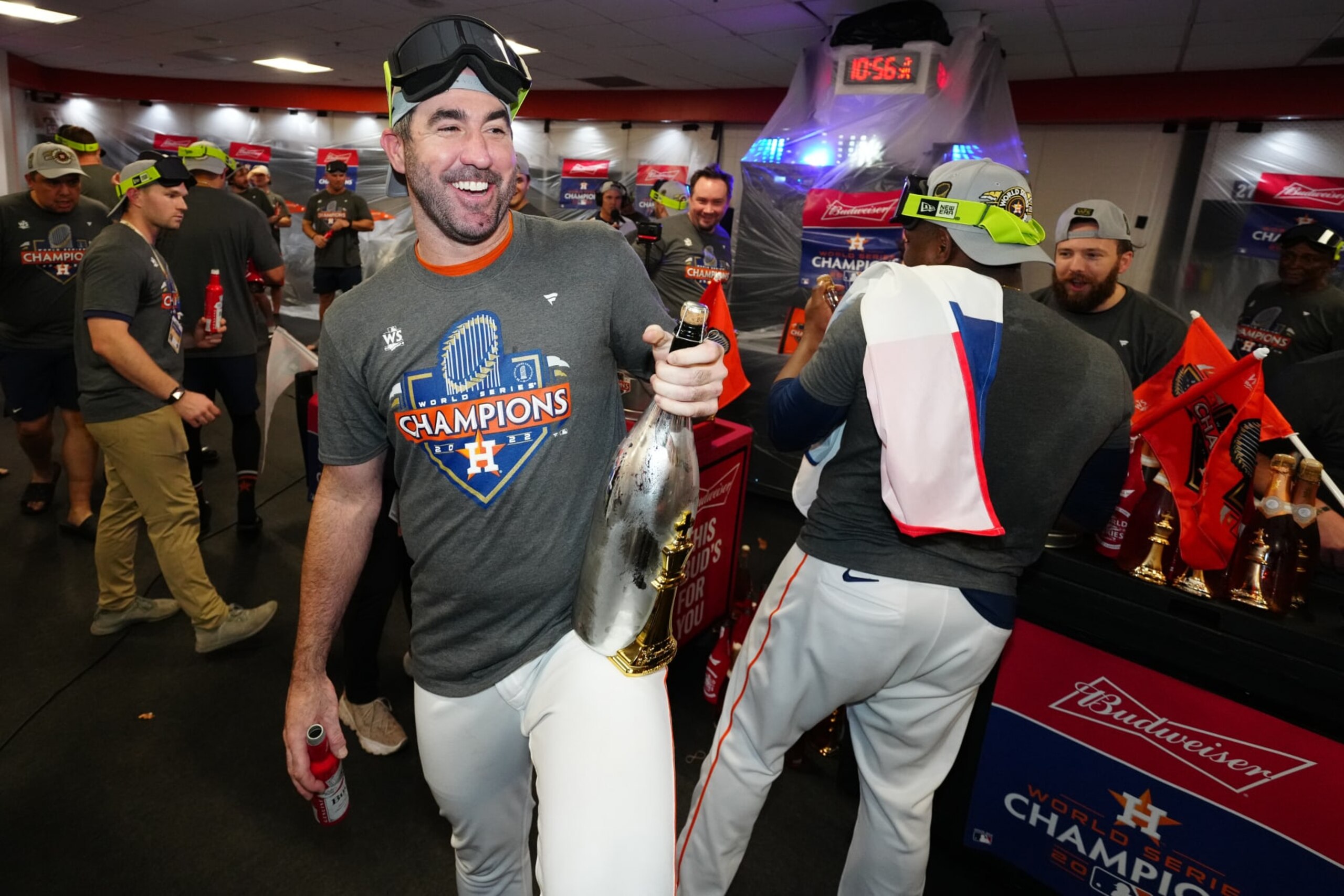 HOUSTON, TX - NOVEMBER 05:  Justin Verlander #35 of the Houston Astros celebrates in the clubhouse after the Astros defeated the Phillies, 4-1, in Game 6 of the 2022 World Series between the Philadelphia Phillies and the Houston Astros at Minute Maid Park on Saturday, November 5, 2022 in Houston, Texas. (Photo by Daniel Shirey/MLB Photos via Getty Images)