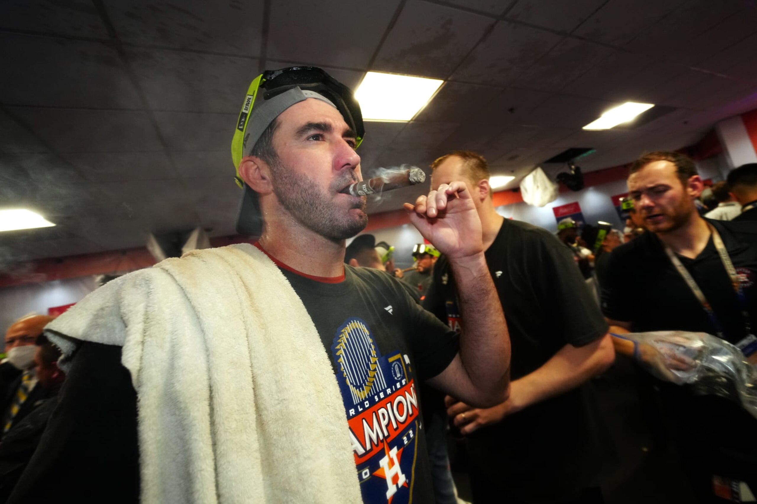 HOUSTON, TX - NOVEMBER 05:  Justin Verlander #35 of the Houston Astros celebrates in the clubhouse after the Astros defeated the Phillies, 4-1, in Game 6 of the 2022 World Series between the Philadelphia Phillies and the Houston Astros at Minute Maid Park on Saturday, November 5, 2022 in Houston, Texas. (Photo by Daniel Shirey/MLB Photos via Getty Images)
