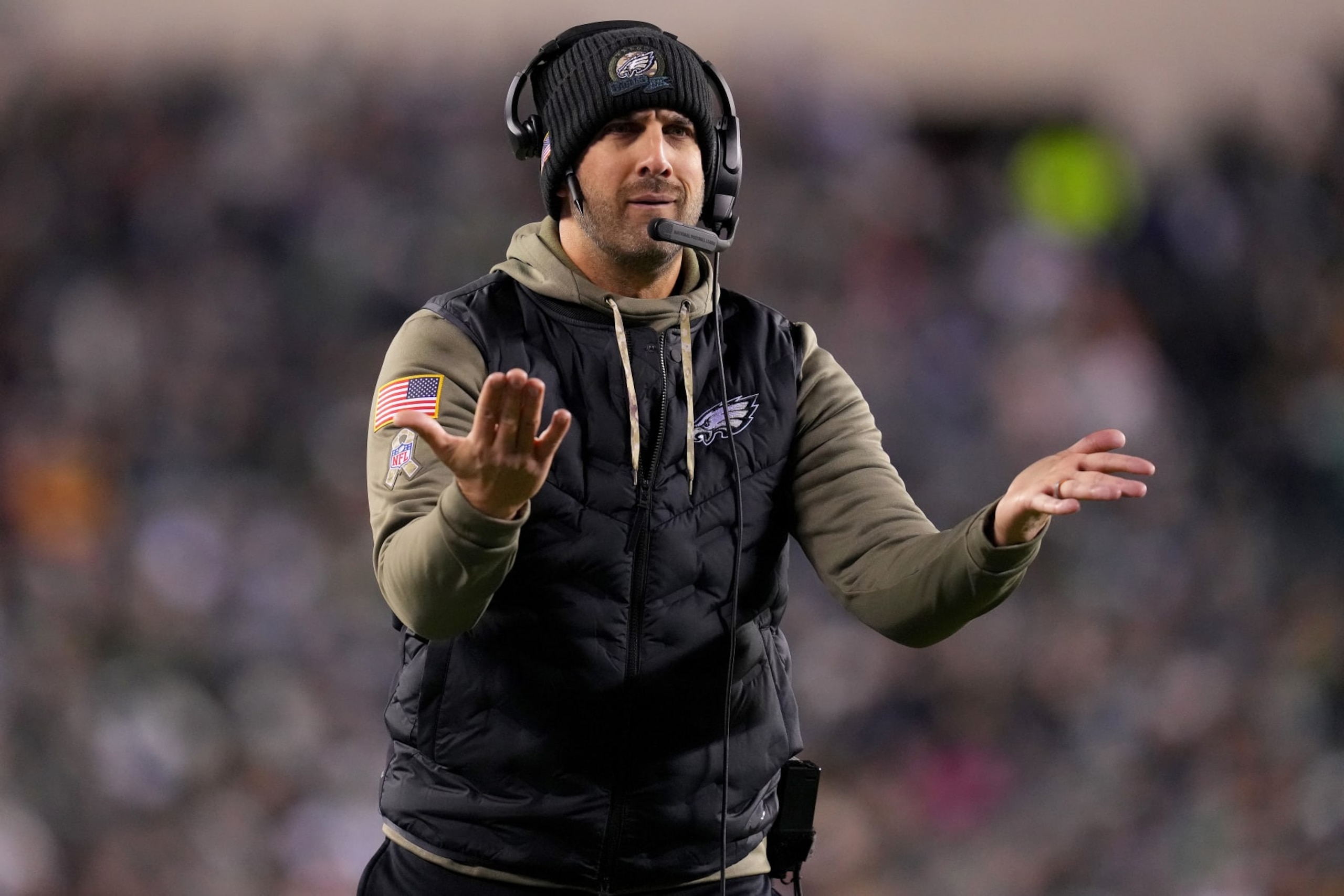 PHILADELPHIA, PENNSYLVANIA - NOVEMBER 14: Head coach Nick Sirianni of the Philadelphia Eagles reacts against the Washington Commanders during the second quarter in the game at Lincoln Financial Field on November 14, 2022 in Philadelphia, Pennsylvania. (Photo by Mitchell Leff/Getty Images) PHILADELPHIA, PENNSYLVANIA - NOVEMBER 14: Head coach Nick Sirianni of the Philadelphia Eagles reacts against the Washington Commanders during the second quarter in the game at Lincoln Financial Field on November 14, 2022 in Philadelphia, Pennsylvania. (Photo by Mitchell Leff/Getty Images)
