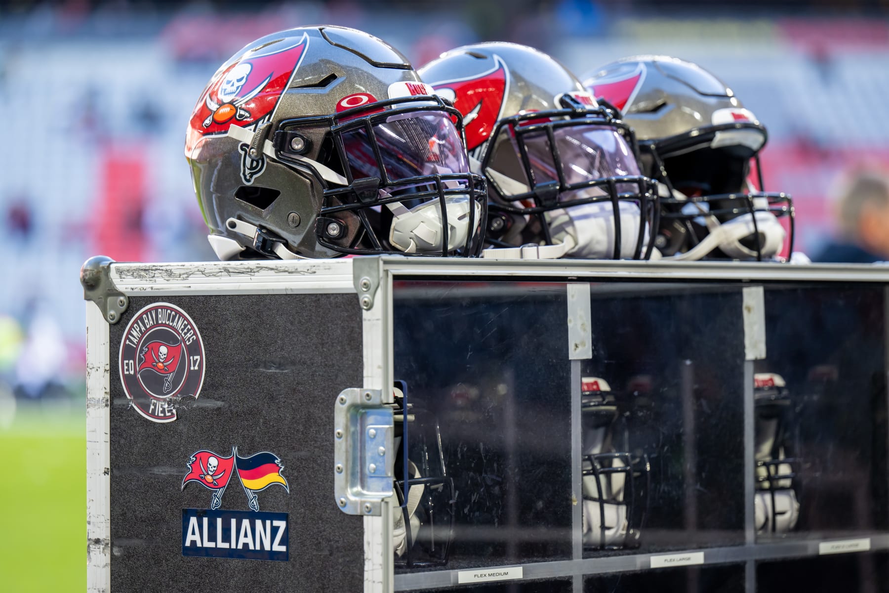 MUNICH, GERMANY - NOVEMBER 13: Helmets of the Tampa Bay Buccaneers are seen prior to the NFL match between Seattle Seahawks and Tampa Bay Buccaneers at Allianz Arena on November 13, 2022 in Munich, Germany. (Photo by Sebastian Widmann/Getty Images)