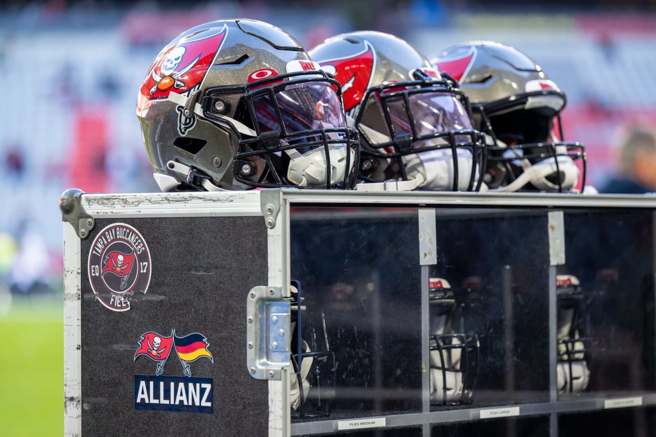 MUNICH, GERMANY - NOVEMBER 13: Helmets of the Tampa Bay Buccaneers are seen prior to the NFL match between Seattle Seahawks and Tampa Bay Buccaneers at Allianz Arena on November 13, 2022 in Munich, Germany. (Photo by Sebastian Widmann/Getty Images)
