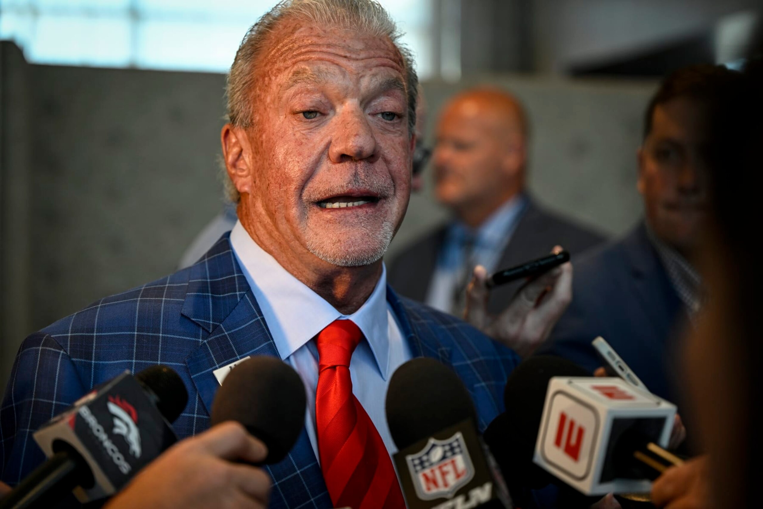 BLOOMINGTON, MN - AUGUST 9: Indianapolis Colts owner Jim Irsay speaks during an NFL special league meeting at the JW Marriot in Bloomington on Tuesday, August 9, 2022. The Walton-Penner group was unanimously approved by fellow owners to assume ownership of the Denver Broncos. (Photo by AAron Ontiveroz/MediaNews Group/The Denver Post via Getty Images)