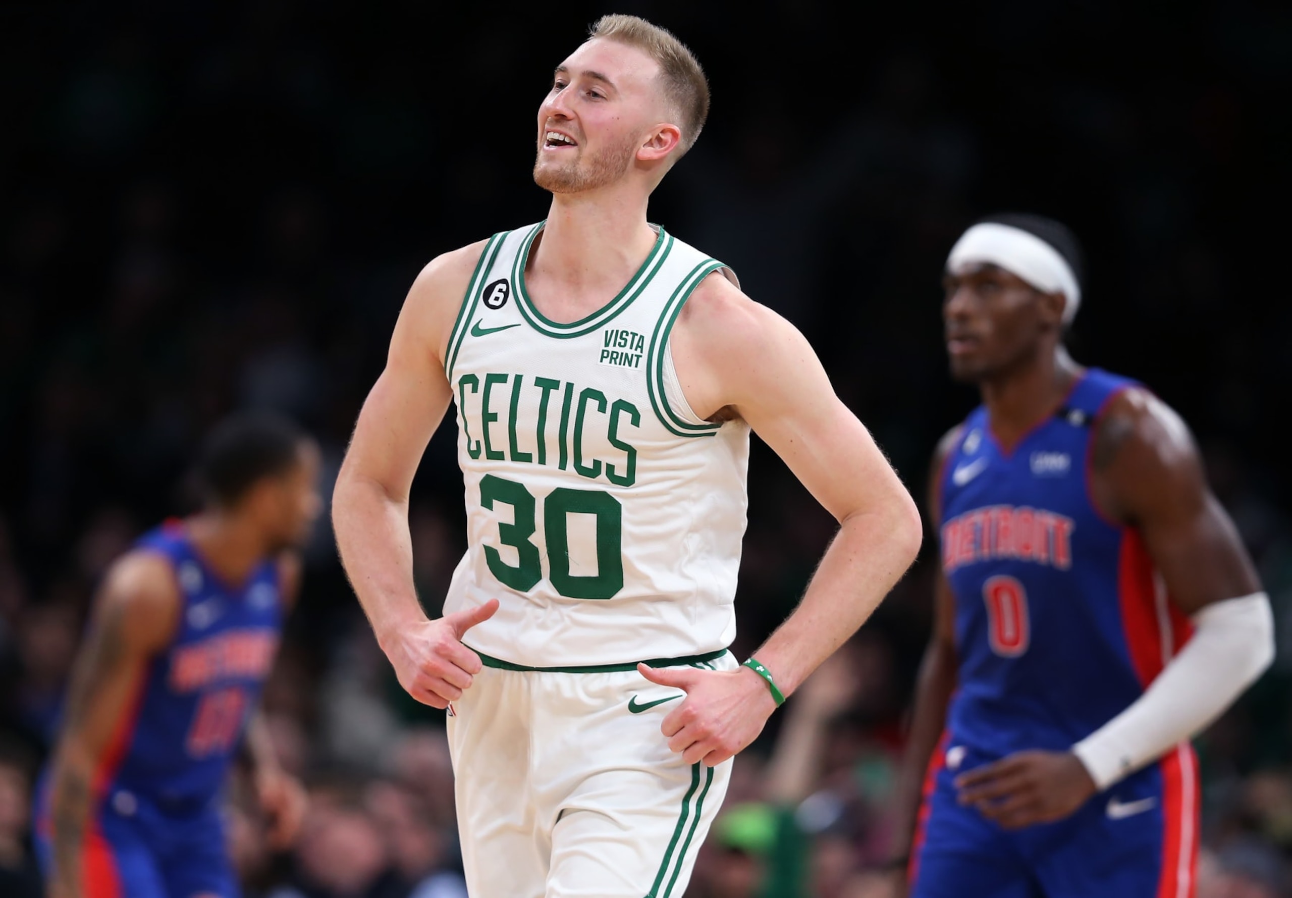 Boston, MA - November 9: Boston Celtics SF Sam Hauser smiles after draining one of his six made 3-pointers. The Celtics beat the Detroit Pistons, 128-112. (Photo by Jim Davis/The Boston Globe via Getty Images)