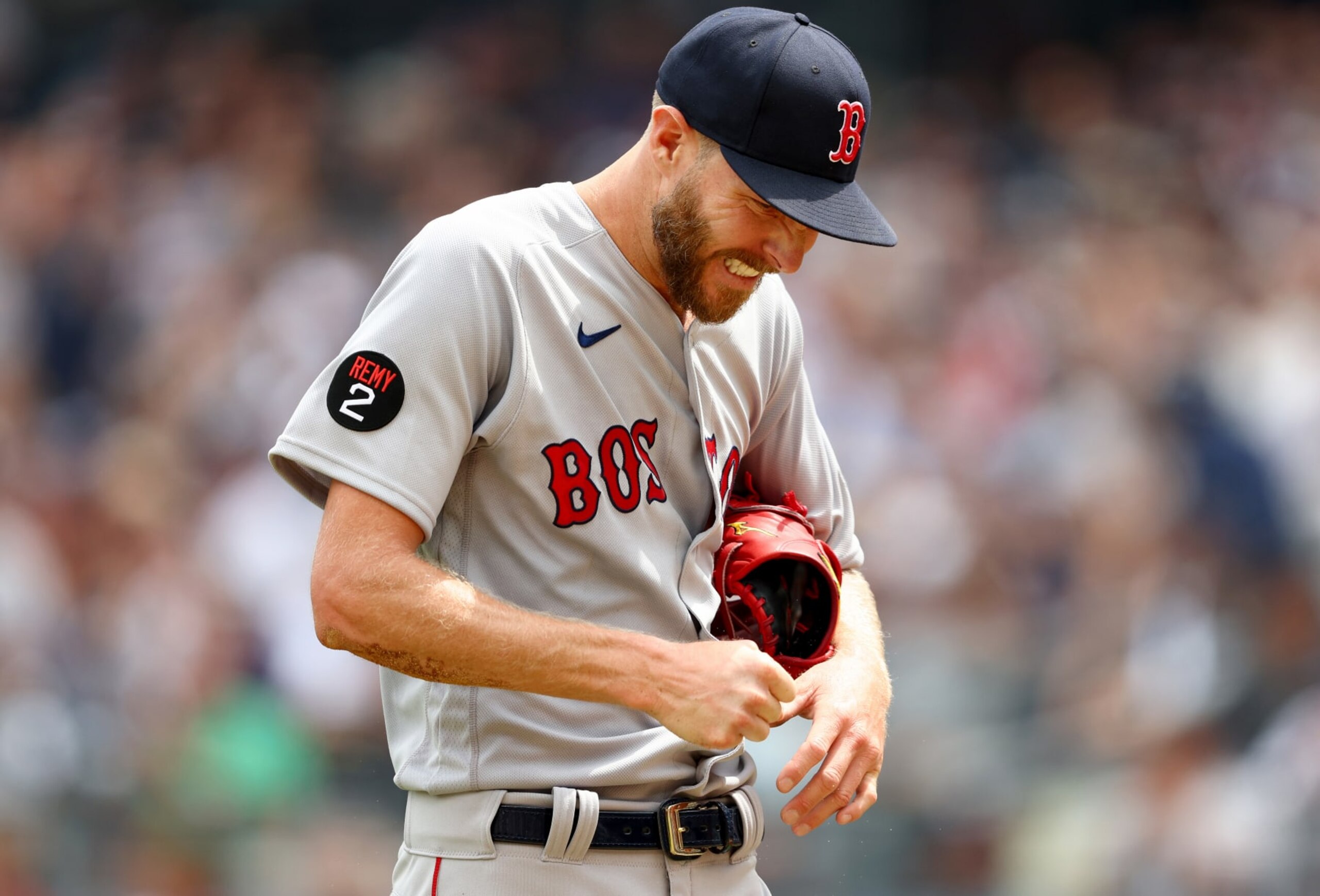 NEW YORK, NEW YORK - JULY 17: Chris Sale #41 of the Boston Red Sox leaves the field with a dislocated pinky finger after getting hit by a line drive from Aaron Hicks of the New York Yankees in the first inning at Yankee Stadium on July 17, 2022 in the Bronx borough of New York City. (Photo by Elsa/Getty Images) NEW YORK, NEW YORK - JULY 17: Chris Sale #41 of the Boston Red Sox leaves the field with a dislocated pinky finger after getting hit by a line drive from Aaron Hicks of the New York Yankees in the first inning at Yankee Stadium on July 17, 2022 in the Bronx borough of New York City. (Photo by Elsa/Getty Images)