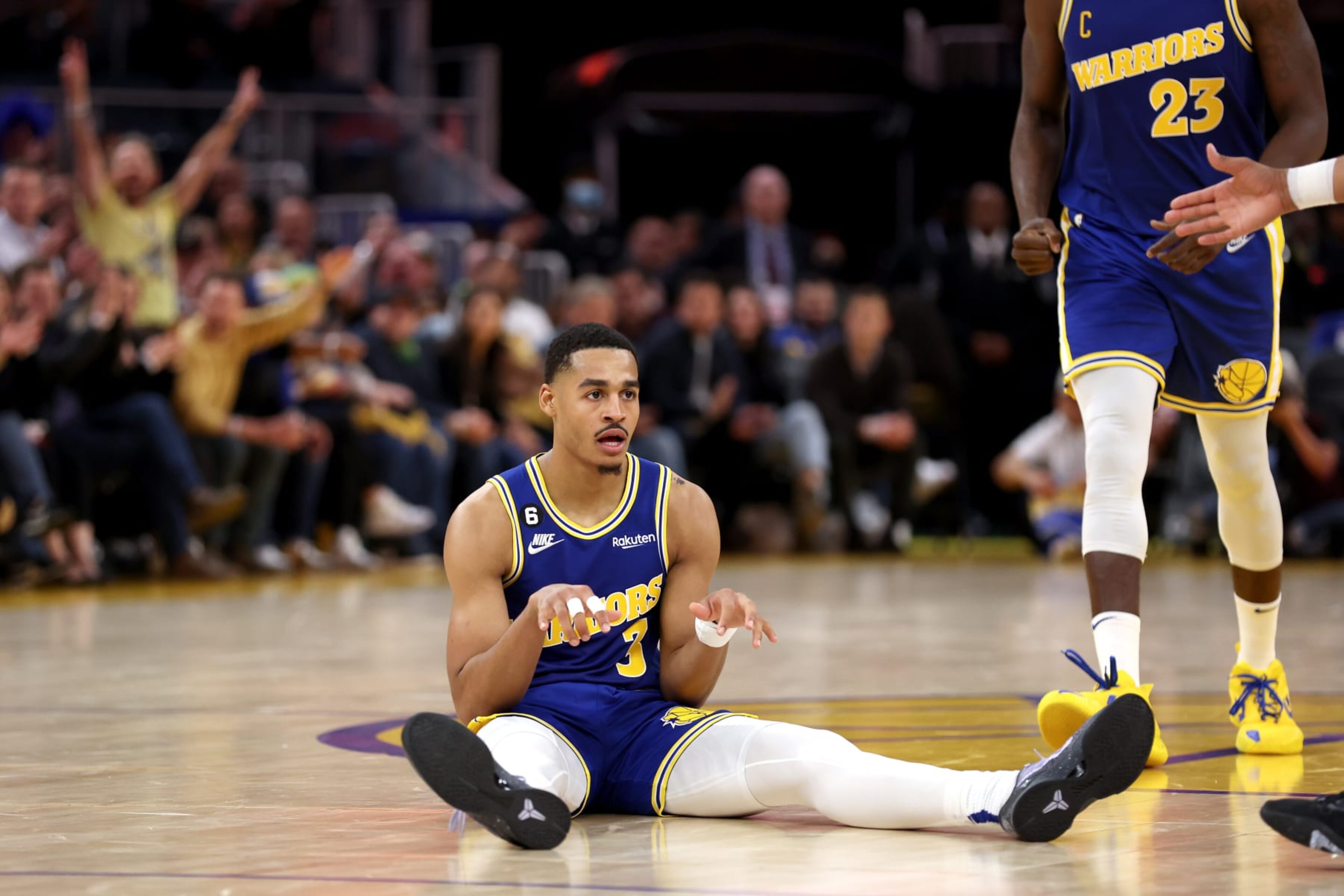 SAN FRANCISCO, CALIFORNIA - NOVEMBER 14: Jordan Poole #3 of the Golden State Warriors reacts after making a basket against the San Antonio Spurs at Chase Center on November 14, 2022 in San Francisco, California. NOTE TO USER: User expressly acknowledges and agrees that, by downloading and or using this photograph, User is consenting to the terms and conditions of the Getty Images License Agreement.  (Photo by Ezra Shaw/Getty Images)