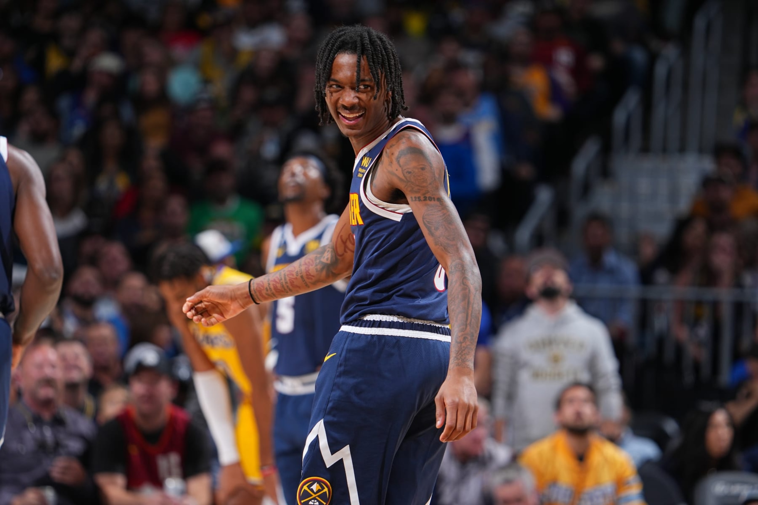 DENVER, CO - OCTOBER 26: Bones Hyland #3 of the Denver Nuggets smiles during the game against the Los Angeles Lakers on October 26, 2022 at the Ball Arena in Denver, Colorado. NOTE TO USER: User expressly acknowledges and agrees that, by downloading and/or using this Photograph, user is consenting to the terms and conditions of the Getty Images License Agreement. Mandatory Copyright Notice: Copyright 2022 NBAE (Photo by Bart Young/NBAE via Getty Images)