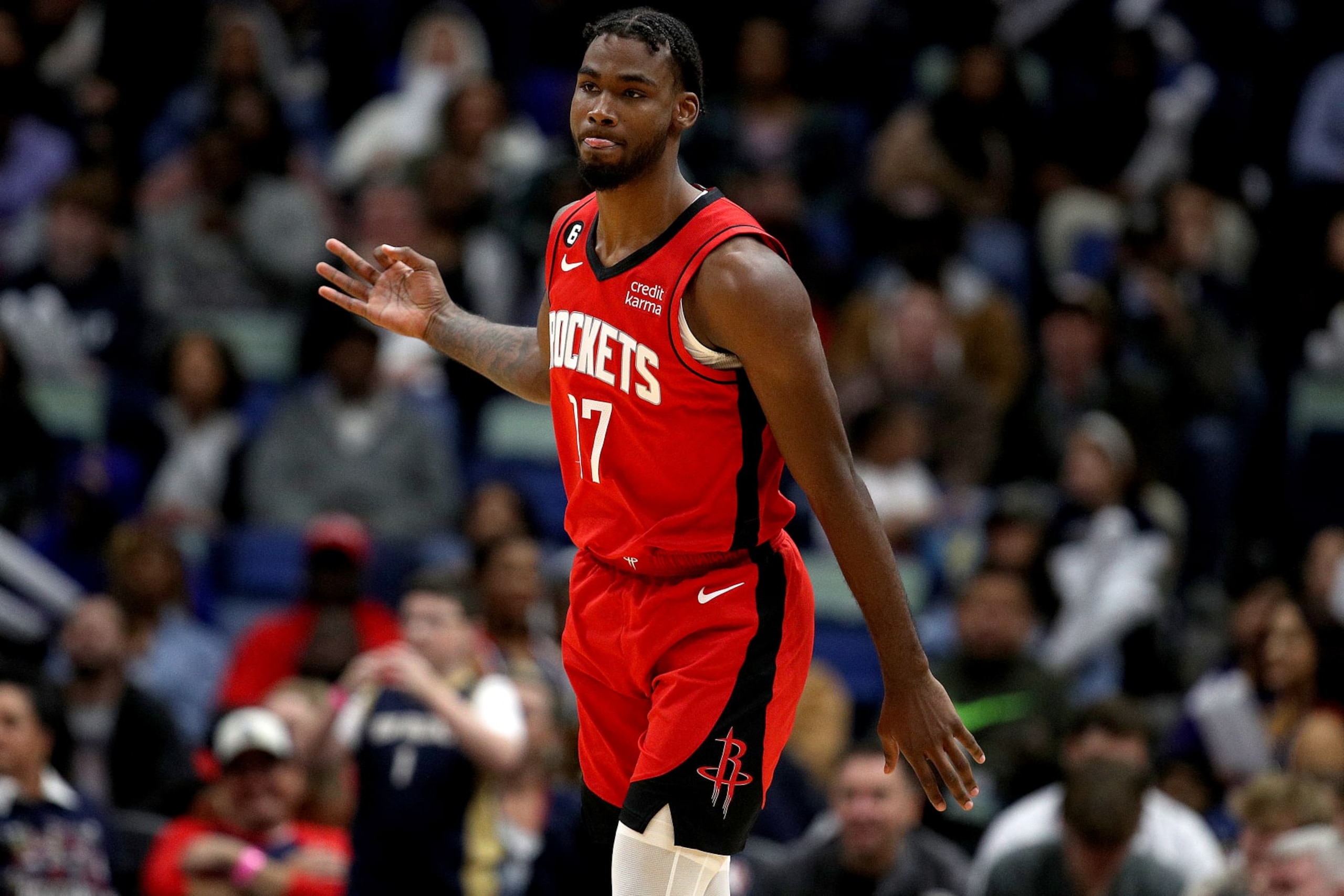 NEW ORLEANS, LOUISIANA - NOVEMBER 12: Tari Eason #17 of the Houston Rockets reacts after scoring a three point basket during the first quarter of an NBA game against the New Orleans Pelicans at Smoothie King Center on November 12, 2022 in New Orleans, Louisiana. NOTE TO USER: User expressly acknowledges and agrees that, by downloading and or using this photograph, User is consenting to the terms and conditions of the Getty Images License Agreement. (Photo by Sean Gardner/Getty Images)
