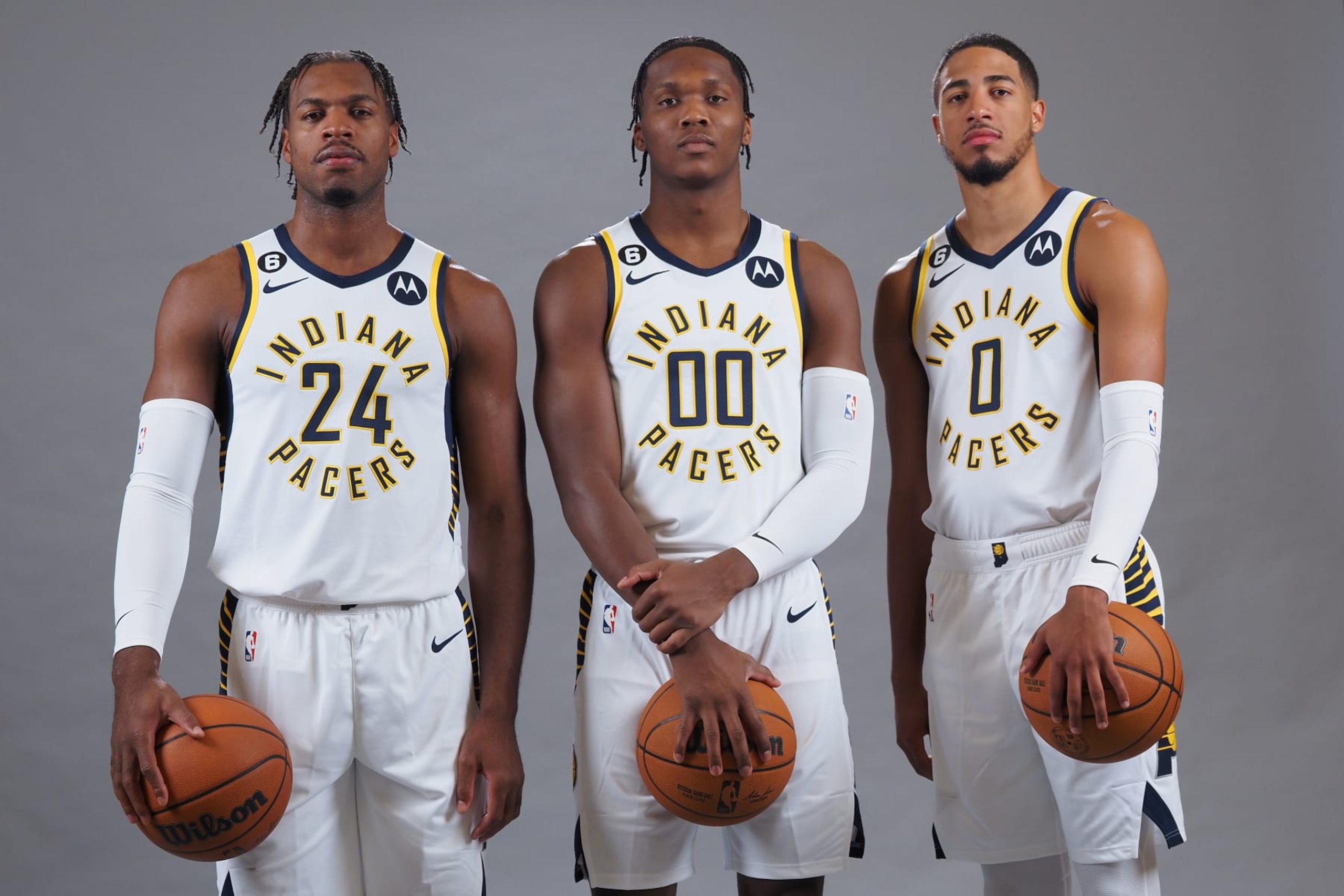 INDIANAPOLIS, IN - SEPTEMBER 26: Buddy Heild #24, Bennedict Mathurin #00, and Tyrese Haliburton #0 of the Indiana Pacers during the Pacers Media Day on September 26, 2022 at St. Vincent Training Center in Indianapolis, Indiana. NOTE TO USER: User expressly acknowledges and agrees that, by downloading and or using this Photograph, user is consenting to the terms and conditions of the Getty Images License Agreement. Mandatory Copyright Notice: Copyright 2022 NBAE (Photo by Ron Hoskins/NBAE via Getty Images)