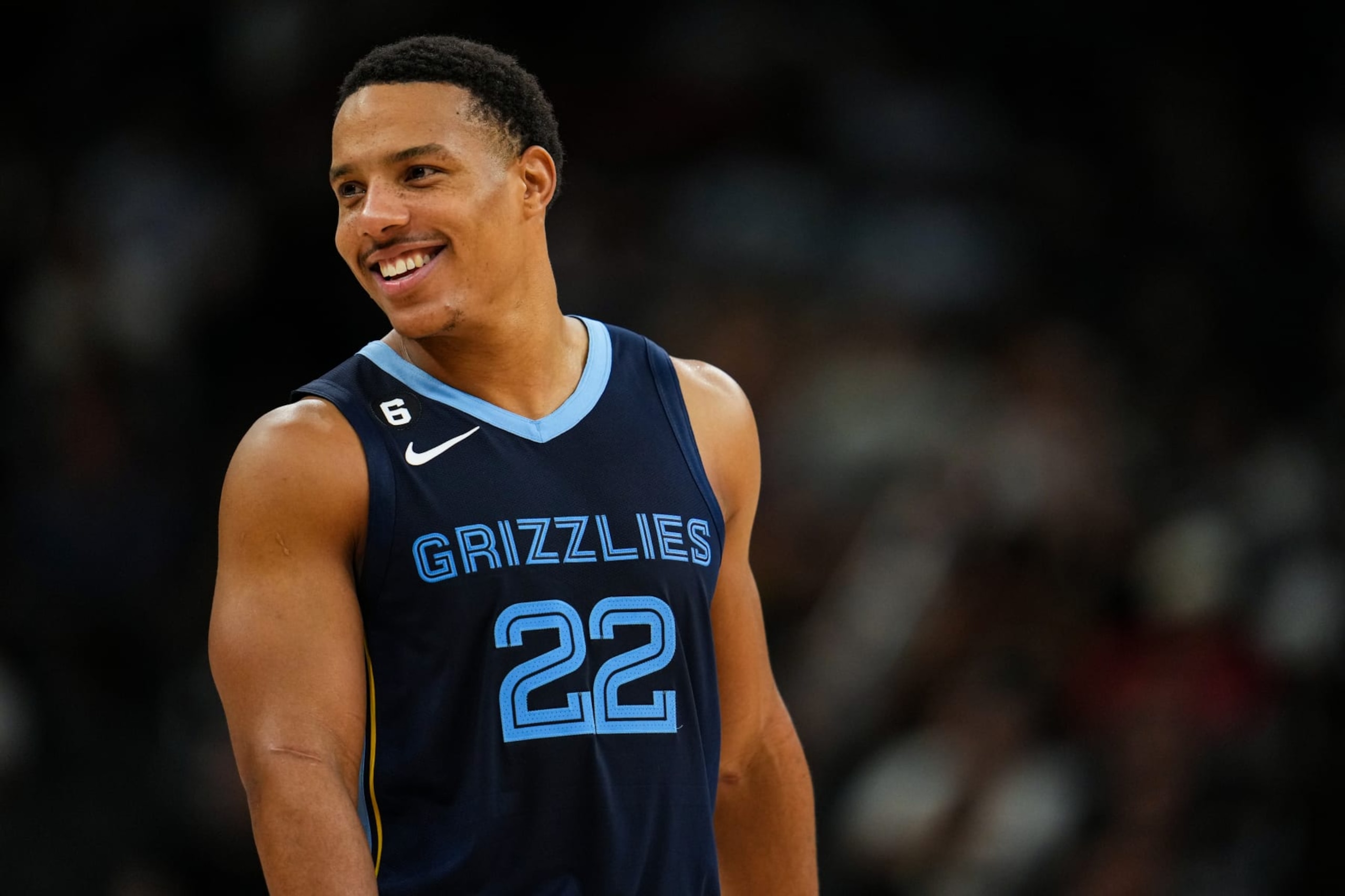 SAN ANTONIO, TX - NOVEMBER 9:Desmond Bane #22 of the Memphis Grizzlies smiles against the San Antonio Spurs on November 9, 2022 at the AT&T Center in San Antonio, Texas. NOTE TO USER: User expressly acknowledges and agrees that, by downloading and or using this photograph, user is consenting to the terms and conditions of the Getty Images License Agreement. Mandatory Copyright Notice: Copyright 2022 NBAE (Photos by Cooper Neill/NBAE via Getty Images)