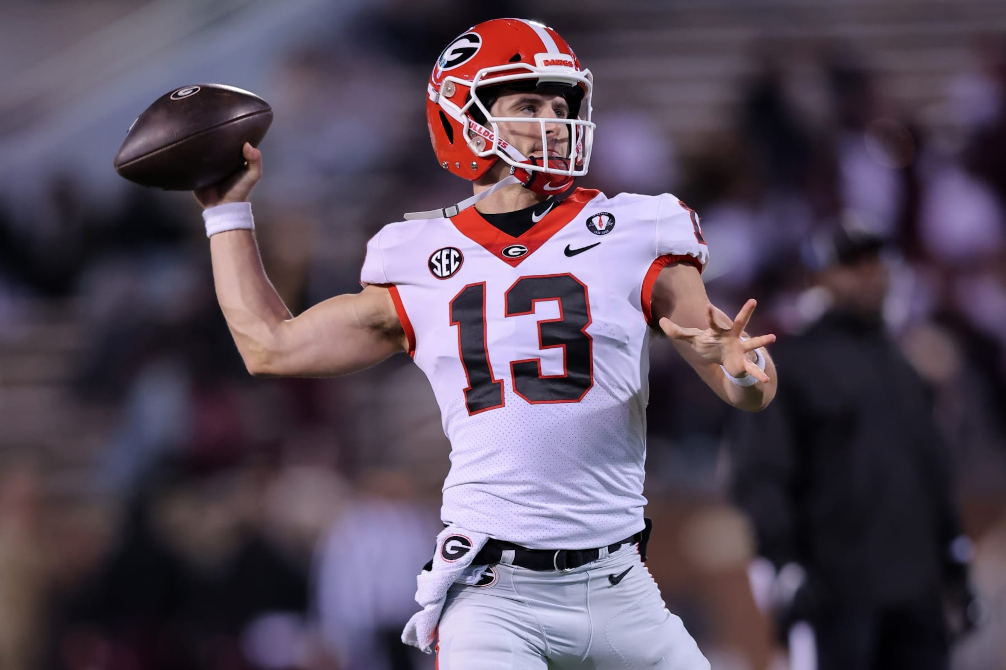 STARKVILLE, MISSISSIPPI - NOVEMBER 12: Stetson Bennett #13 of the Georgia Bulldogs warms up before a game against the Mississippi State Bulldogs at Davis Wade Stadium on November 12, 2022 in Starkville, Mississippi. (Photo by Jonathan Bachman/Getty Images) STARKVILLE, MISSISSIPPI - NOVEMBER 12: Stetson Bennett #13 of the Georgia Bulldogs warms up before a game against the Mississippi State Bulldogs at Davis Wade Stadium on November 12, 2022 in Starkville, Mississippi. (Photo by Jonathan Bachman/Getty Images)