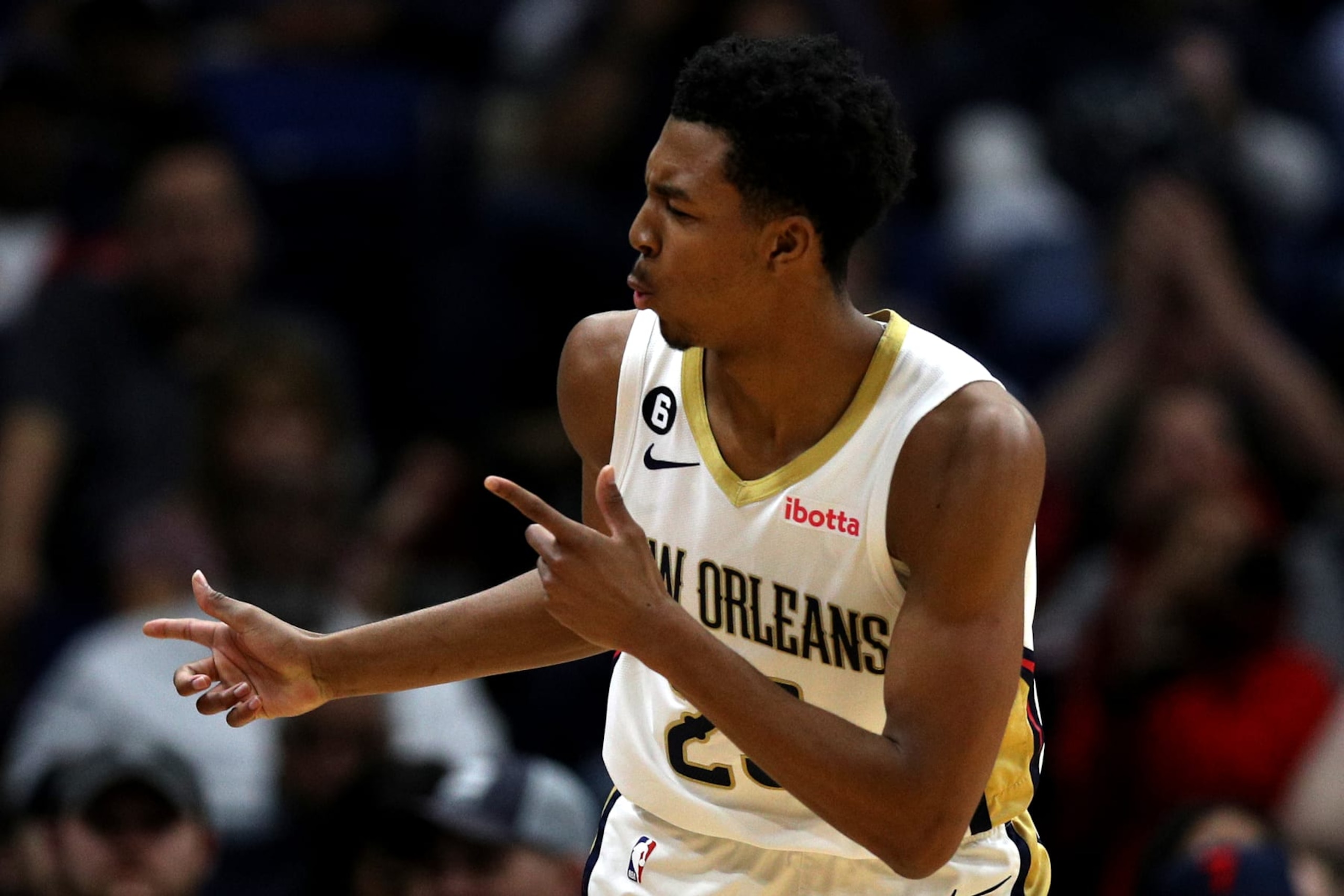 NEW ORLEANS, LOUISIANA - NOVEMBER 10: Trey Murphy III #25 of the New Orleans Pelicans reacts after scoring a three point basket during the third quarter of an NBA game against the Portland Trail Blazers at Smoothie King Center on November 10, 2022 in New Orleans, Louisiana. NOTE TO USER: User expressly acknowledges and agrees that, by downloading and or using this photograph, User is consenting to the terms and conditions of the Getty Images License Agreement. (Photo by Sean Gardner/Getty Images)