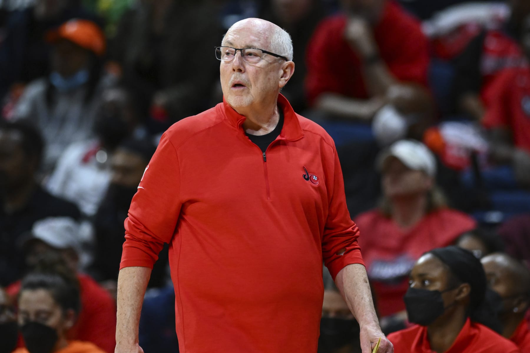 Washington Mystics head coach Mike Thibault looks on from the sideline during the first half of a WNBA basketball game against the Indiana Fever, Friday, May 6, 2022, in Washington. (AP Photo/Terrance Williams)