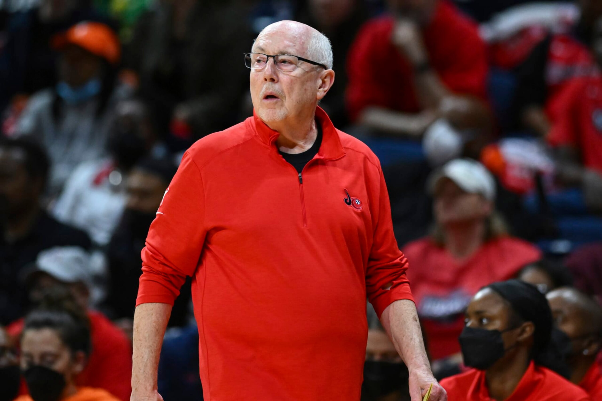 Washington Mystics head coach Mike Thibault looks on from the sideline during the first half of a WNBA basketball game against the Indiana Fever, Friday, May 6, 2022, in Washington. (AP Photo/Terrance Williams) Washington Mystics head coach Mike Thibault looks on from the sideline during the first half of a WNBA basketball game against the Indiana Fever, Friday, May 6, 2022, in Washington. (AP Photo/Terrance Williams)