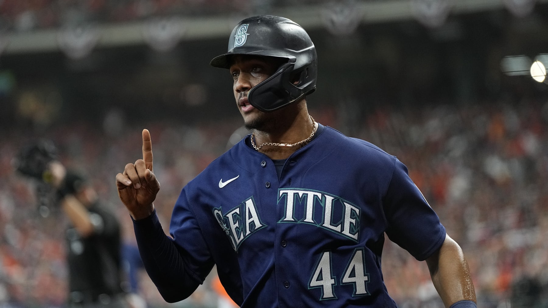 Seattle Mariners center fielder Julio Rodriguez (44) during Game 1 of an American League Division Series baseball game against the Houston Astros in Houston,Tuesday, Oct. 11, 2022. (AP Photo/Kevin M. Cox)