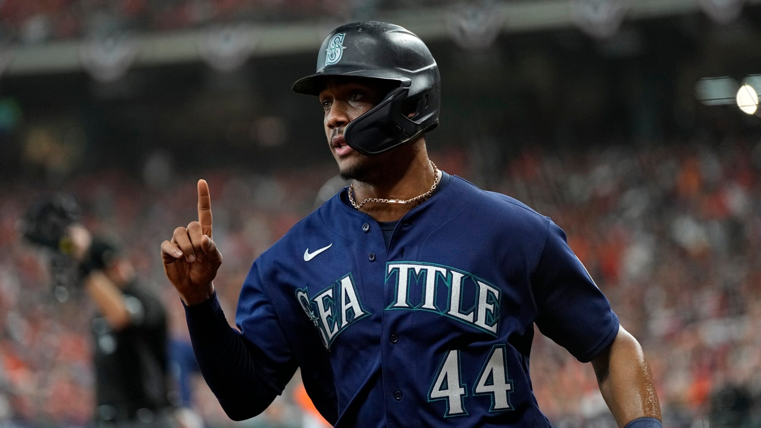 Seattle Mariners center fielder Julio Rodriguez (44) during Game 1 of an American League Division Series baseball game against the Houston Astros in Houston,Tuesday, Oct. 11, 2022. (AP Photo/Kevin M. Cox) Seattle Mariners center fielder Julio Rodriguez (44) during Game 1 of an American League Division Series baseball game against the Houston Astros in Houston,Tuesday, Oct. 11, 2022. (AP Photo/Kevin M. Cox)