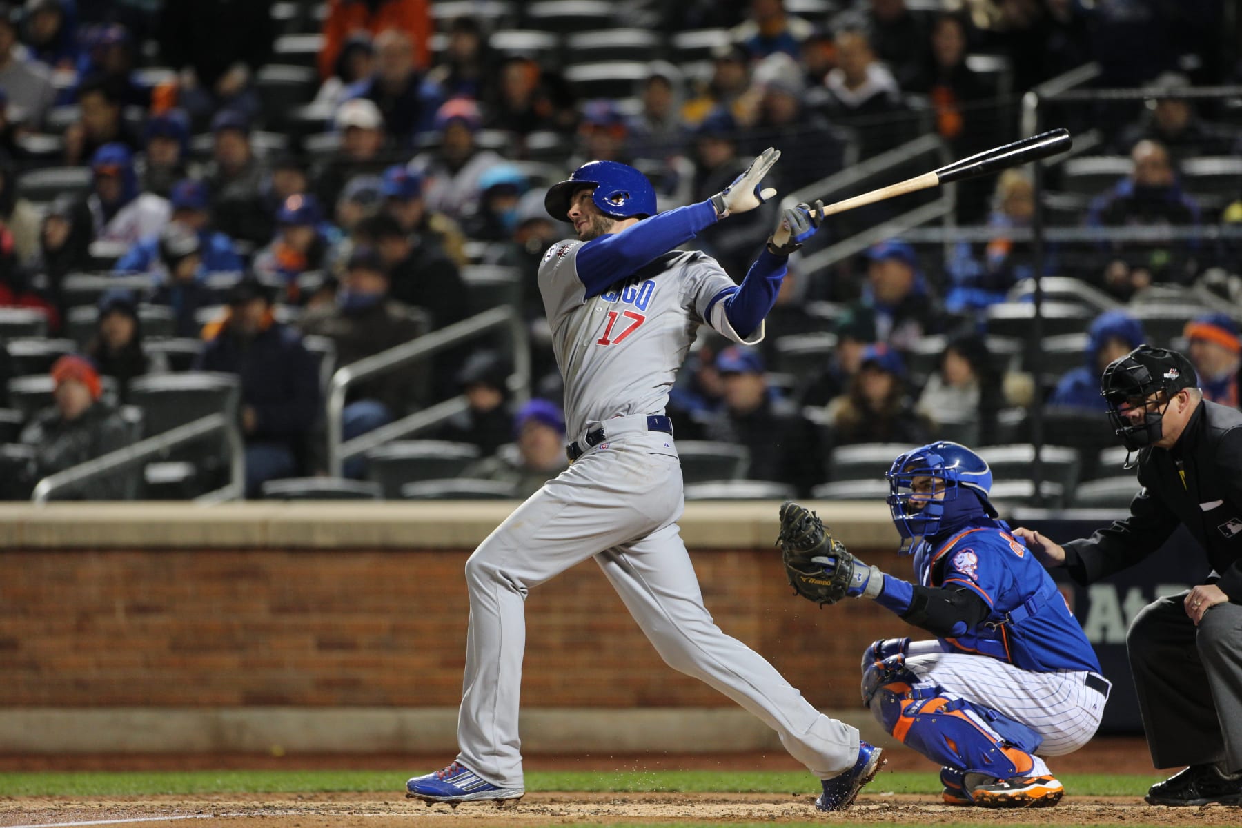 Kris Bryant, Chicago Cubs, batting during the MLB NLCS Playoffs game two, Chicago Cubs vs New York Mets at Citi Field, Queens, New York. USA. 18th October 2015. Photo Tim Clayton (Photo by Tim Clayton/Corbis via Getty Images)