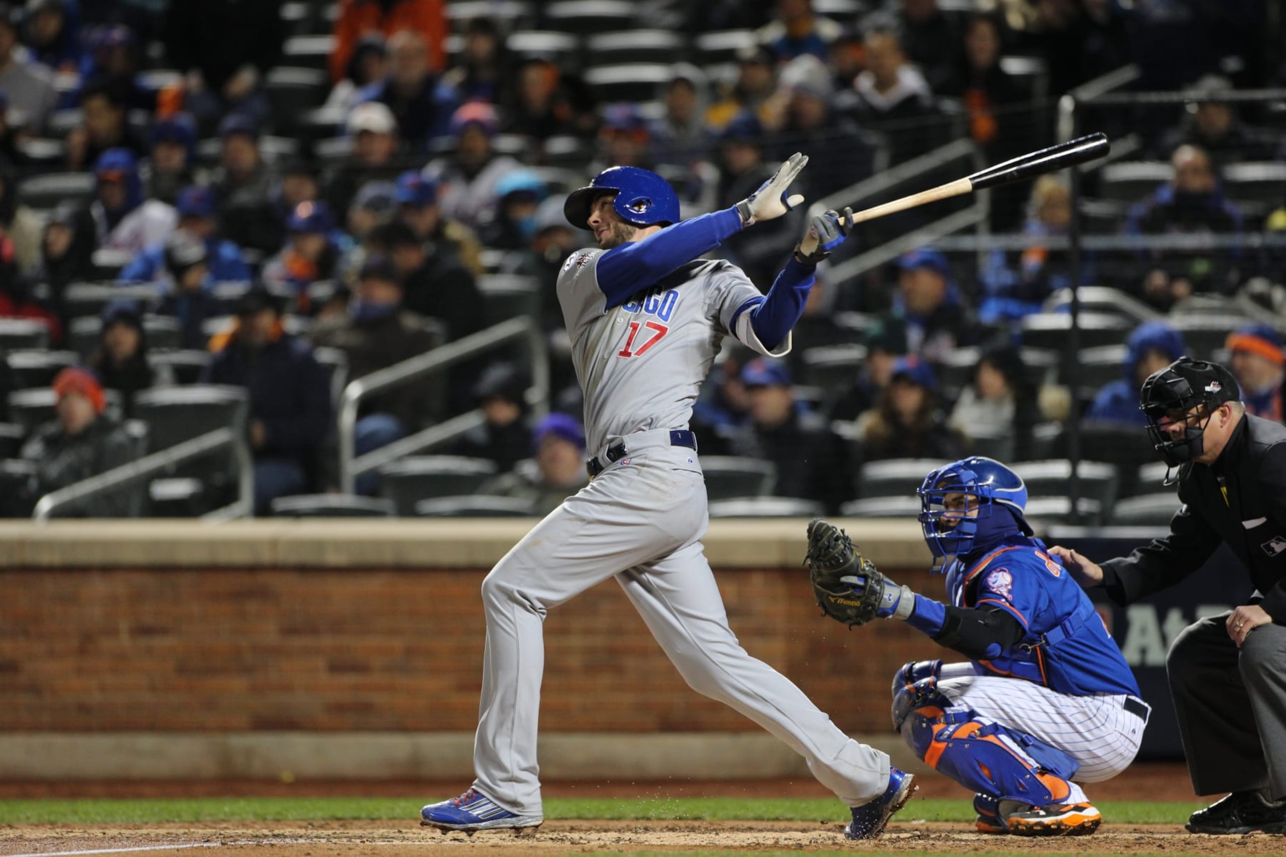 Kris Bryant, Chicago Cubs, batting during the MLB NLCS Playoffs game two, Chicago Cubs vs New York Mets at Citi Field, Queens, New York. USA. 18th October 2015. Photo Tim Clayton (Photo by Tim Clayton/Corbis via Getty Images) Kris Bryant, Chicago Cubs, batting during the MLB NLCS Playoffs game two, Chicago Cubs vs New York Mets at Citi Field, Queens, New York. USA. 18th October 2015. Photo Tim Clayton (Photo by Tim Clayton/Corbis via Getty Images)