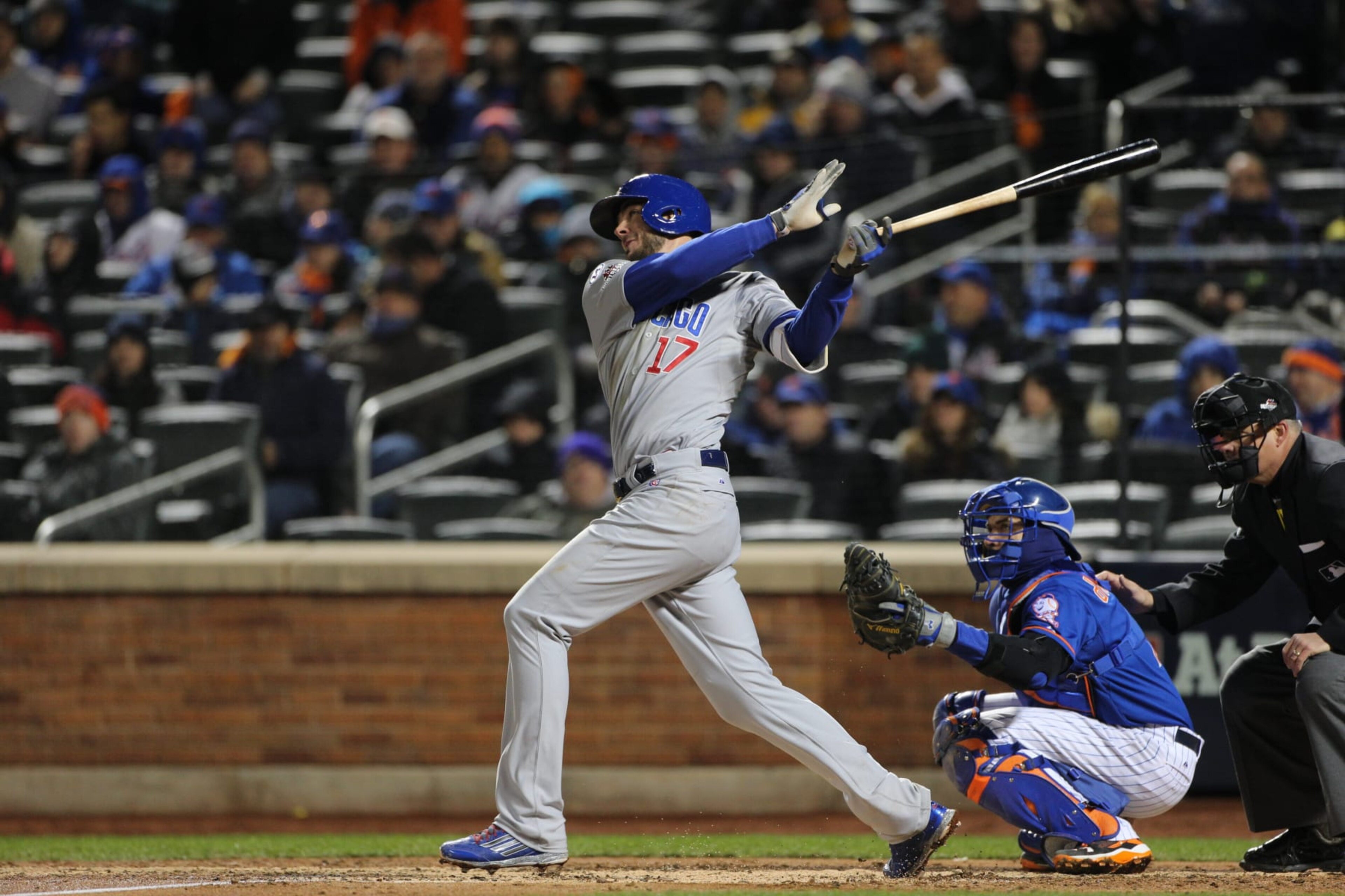 Kris Bryant, Chicago Cubs, batting during the MLB NLCS Playoffs game two, Chicago Cubs vs New York Mets at Citi Field, Queens, New York. USA. 18th October 2015. Photo Tim Clayton (Photo by Tim Clayton/Corbis via Getty Images)