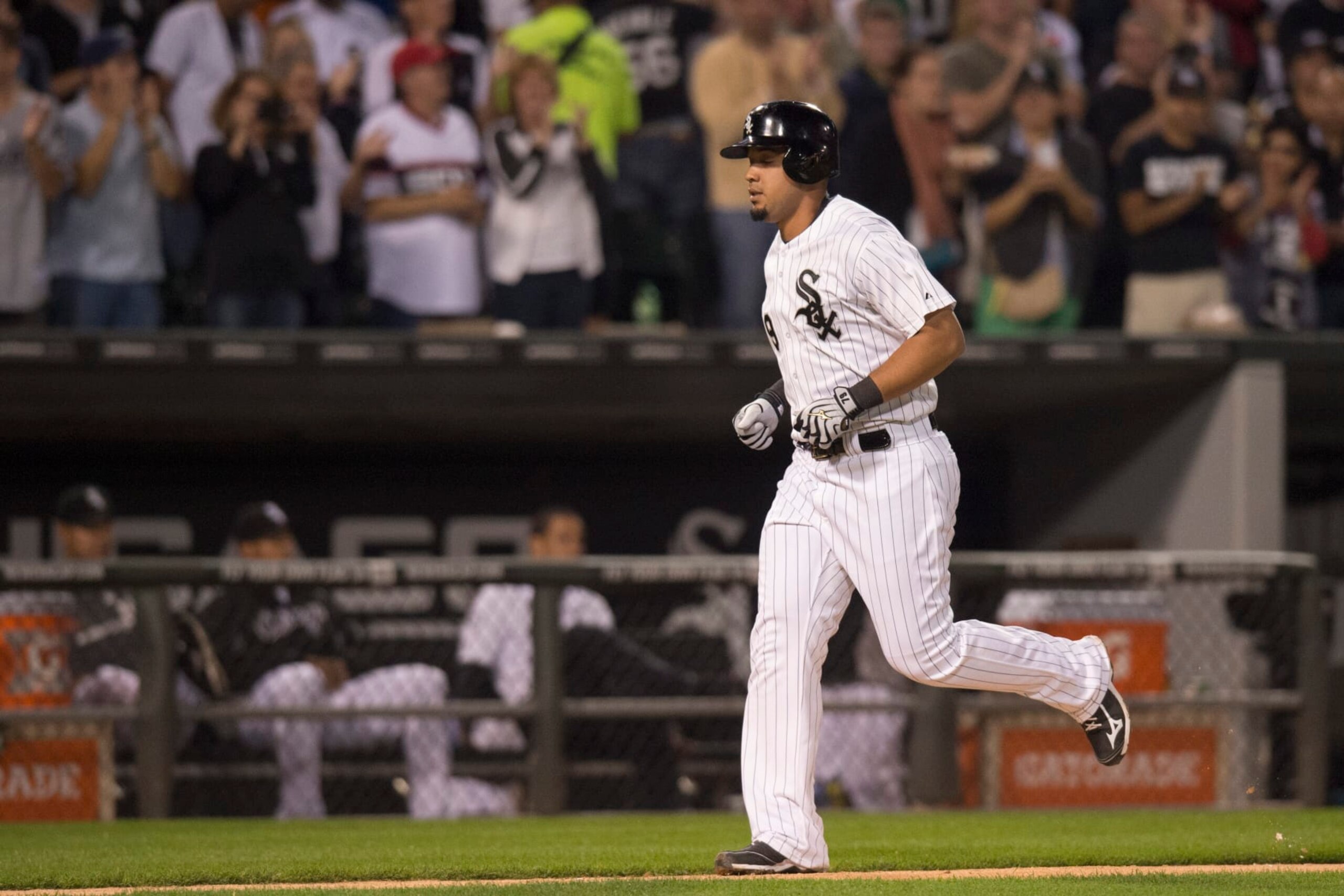 September 27, 2014: Chicago White Sox first base Jose Abreu (79) [4333] runs home after hitting a two run home run in the first inning of the game between the Chicago White Sox and the Kansas City Royals at U.S. Cellular Field in Chicago, IL. (Photo by Paul Bergstrom/Icon Sportswire/Corbis/Icon Sportswire via Getty Images)