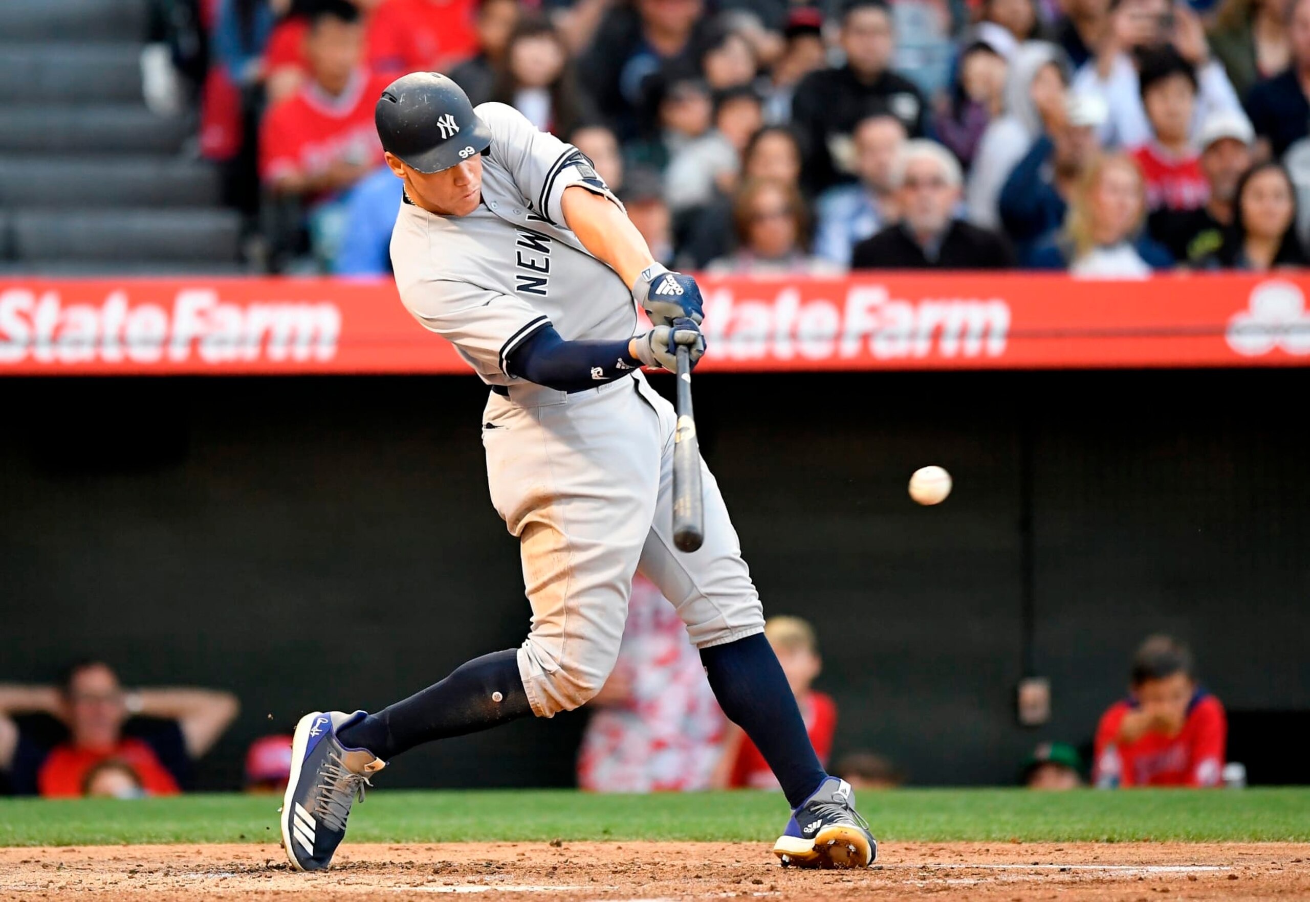 New York Yankees' Aaron Judge hits an RBI-double during the second inning of a baseball game against the Los Angeles Angels, Sunday, Dec. 31, 2017, in Anaheim, Calif. (AP Photo/Mark J. Terrill) New York Yankees' Aaron Judge hits an RBI-double during the second inning of a baseball game against the Los Angeles Angels, Sunday, Dec. 31, 2017, in Anaheim, Calif. (AP Photo/Mark J. Terrill)