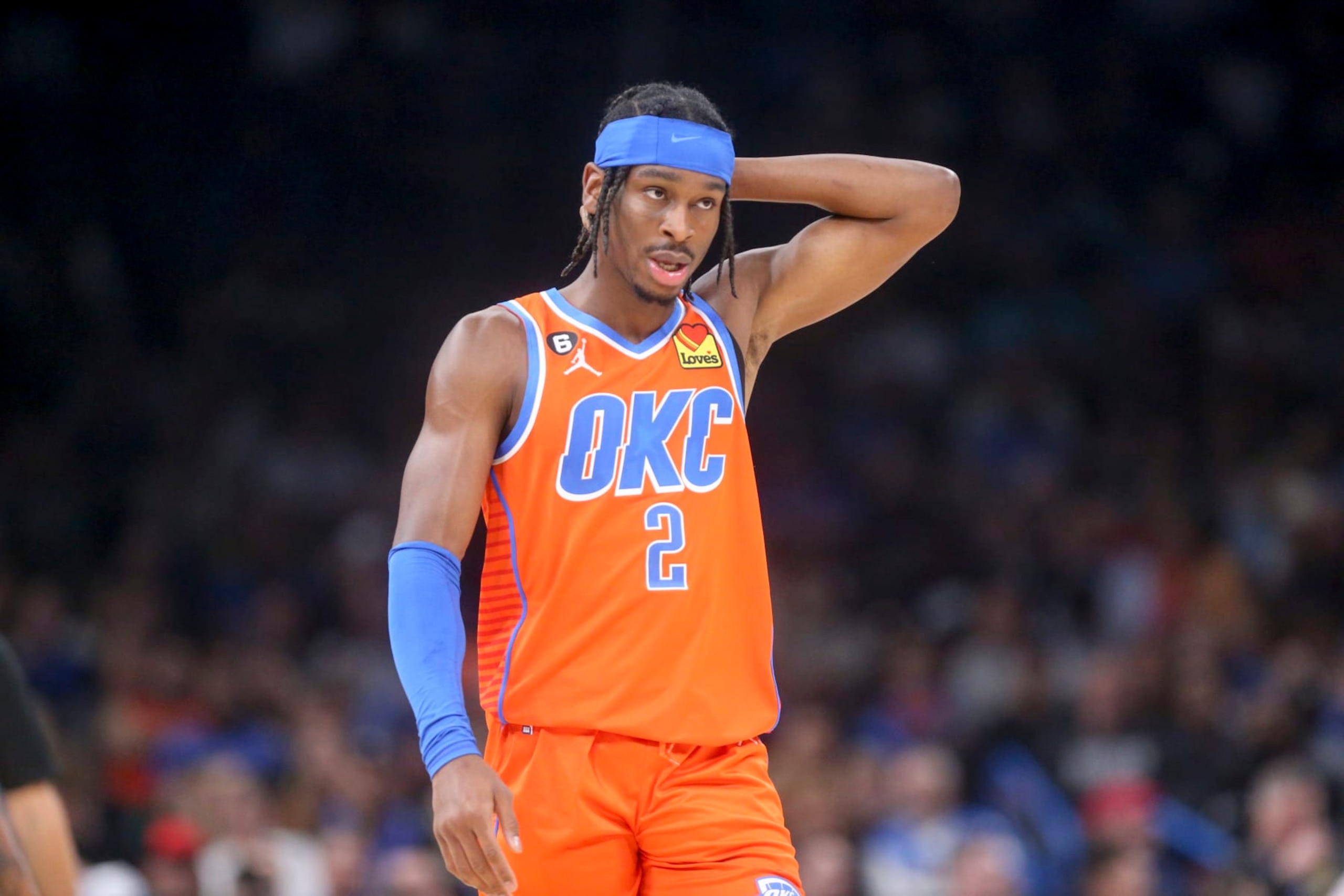 OKLAHOMA CITY, OKLAHOMA - NOVEMBER 09: Shai Gilgeous-Alexander #2 of the Oklahoma City Thunder reacts during the third quarter against the Milwaukee Bucks at Paycom Center on November 09, 2022 in Oklahoma City, Oklahoma.  NOTE TO USER: User expressly acknowledges and agrees that, by downloading and or using this photograph, User is consenting to the terms and conditions of the Getty Images License Agreement.  (Photo by Ian Maule/Getty Images)