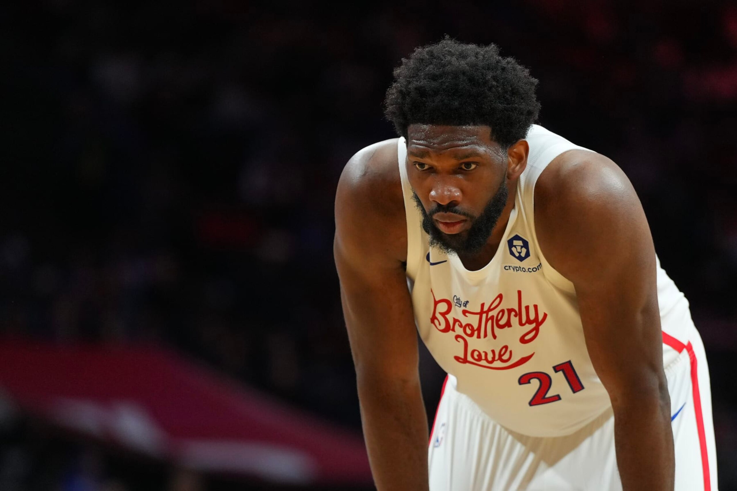 PHILADELPHIA, PA - NOVEMBER 13: Joel Embiid #21 of the Philadelphia 76ers looks on against the Utah Jazz at the Wells Fargo Center on November 13, 2022 in Philadelphia, Pennsylvania. NOTE TO USER: User expressly acknowledges and agrees that, by downloading and or using this photograph, User is consenting to the terms and conditions of the Getty Images License Agreement. (Photo by Mitchell Leff/Getty Images)