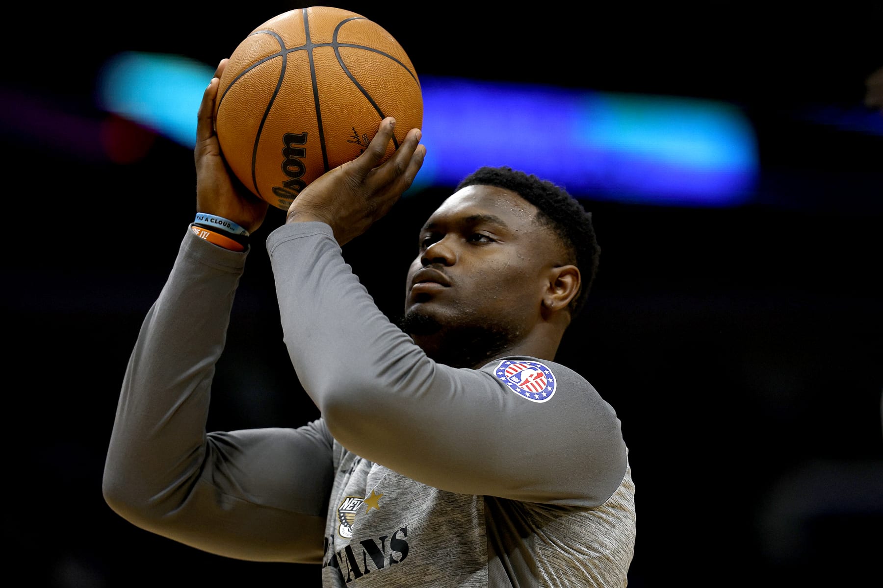 NEW ORLEANS, LOUISIANA - NOVEMBER 12: Zion Williamson #1 of the New Orleans Pelicans warms up prior to the start of an NBA game against the Houston Rockets at Smoothie King Center on November 12, 2022 in New Orleans, Louisiana. NOTE TO USER: User expressly acknowledges and agrees that, by downloading and or using this photograph, User is consenting to the terms and conditions of the Getty Images License Agreement. (Photo by Sean Gardner/Getty Images)