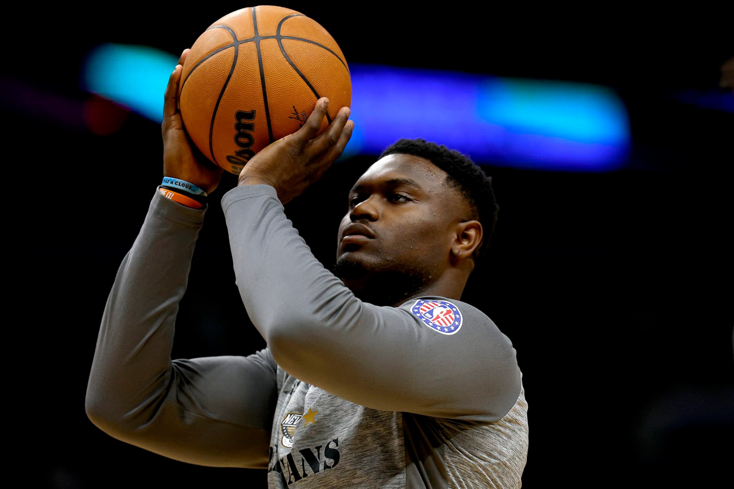 NEW ORLEANS, LOUISIANA - NOVEMBER 12: Zion Williamson #1 of the New Orleans Pelicans warms up prior to the start of an NBA game against the Houston Rockets at Smoothie King Center on November 12, 2022 in New Orleans, Louisiana. NOTE TO USER: User expressly acknowledges and agrees that, by downloading and or using this photograph, User is consenting to the terms and conditions of the Getty Images License Agreement. (Photo by Sean Gardner/Getty Images)