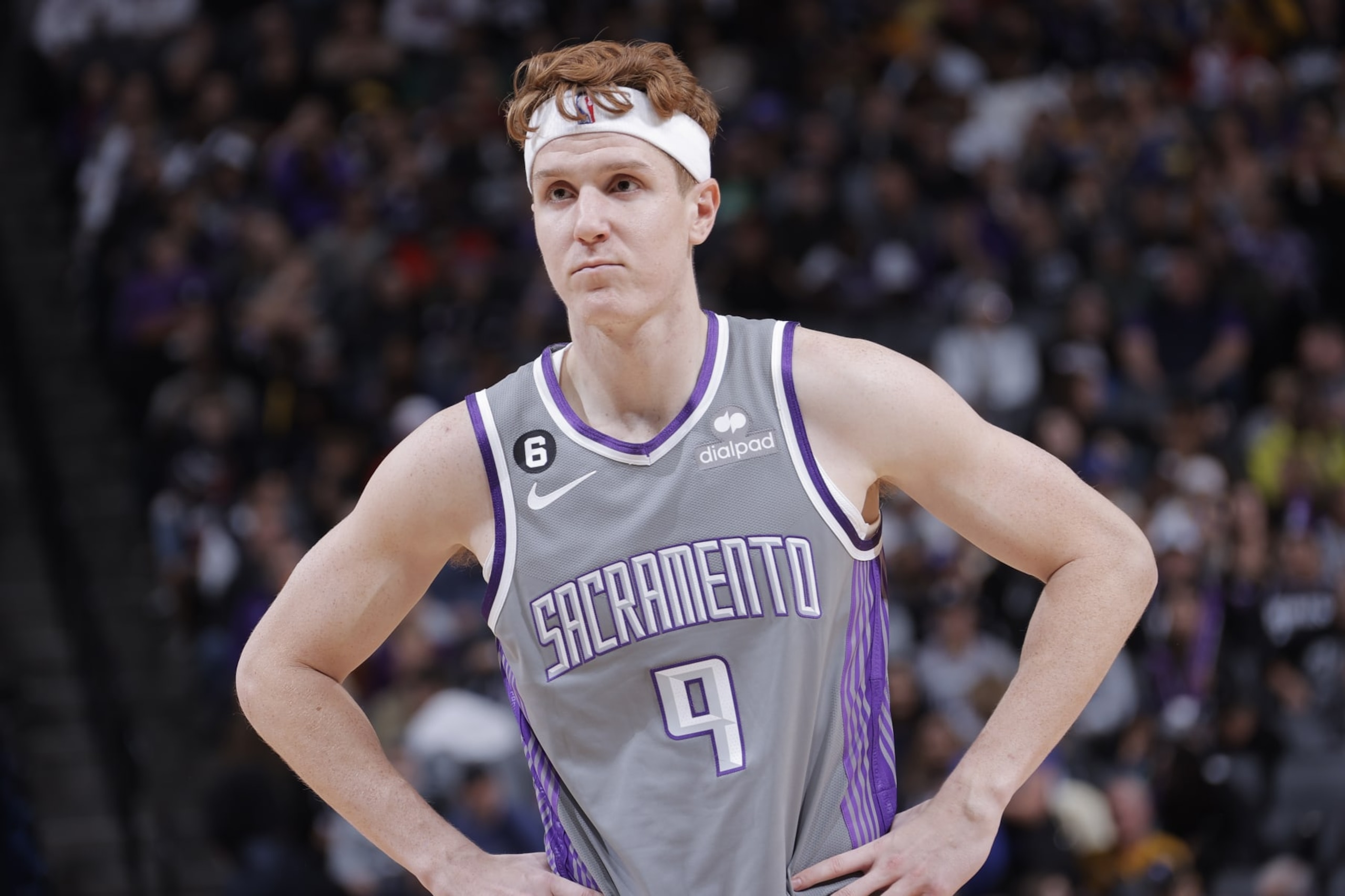 SACRAMENTO, CA - NOVEMBER 13: Kevin Huerter #9 of the Sacramento Kings looks on during the game against the Golden State Warriors on November 13, 2022 at Golden 1 Center in Sacramento, California. NOTE TO USER: User expressly acknowledges and agrees that, by downloading and or using this Photograph, user is consenting to the terms and conditions of the Getty Images License Agreement. Mandatory Copyright Notice: Copyright 2022 NBAE (Photo by Rocky Widner/NBAE via Getty Images)