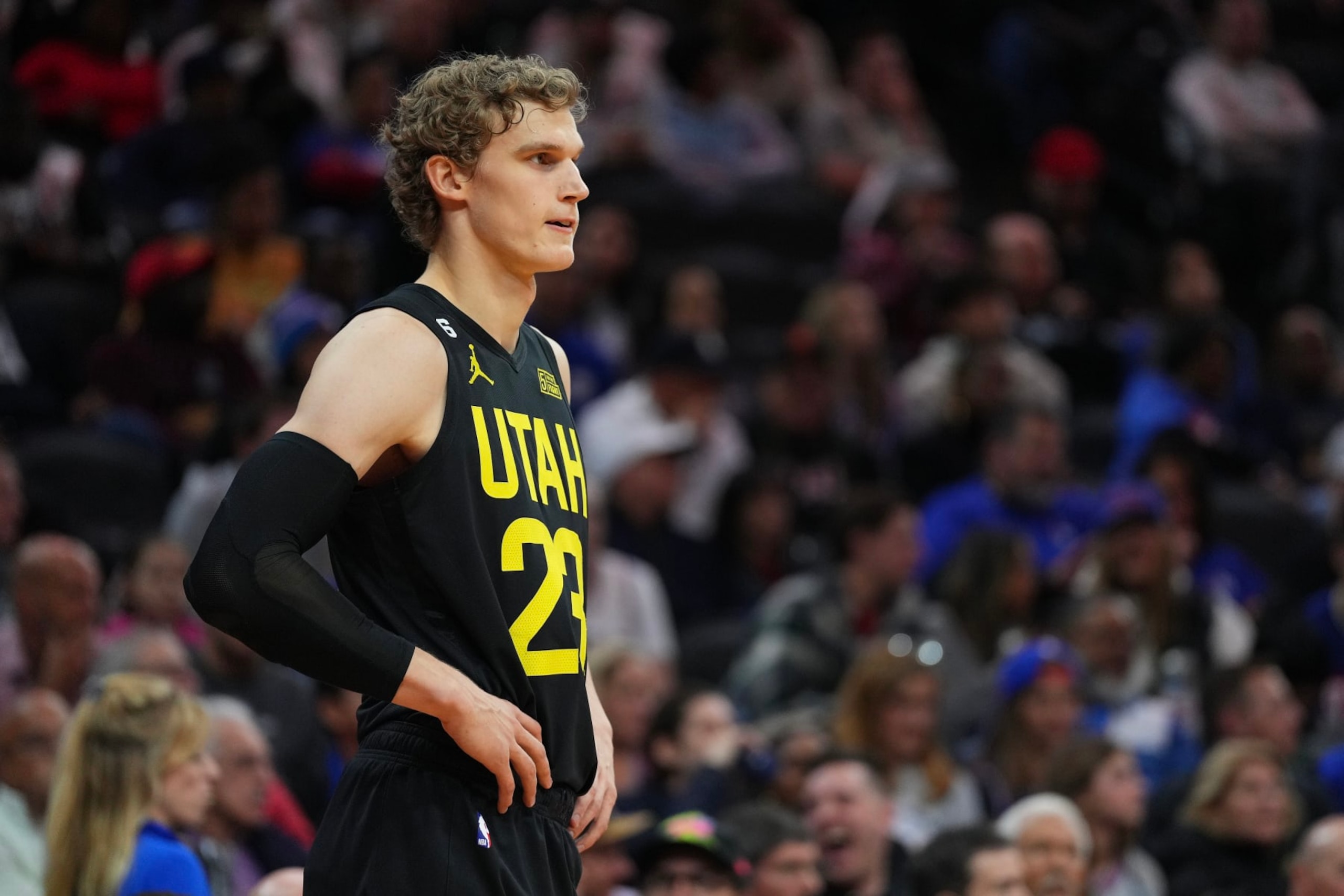 PHILADELPHIA, PA - NOVEMBER 13: Lauri Markkanen #23 of the Utah Jazz looks on against the Philadelphia 76ers at the Wells Fargo Center on November 13, 2022 in Philadelphia, Pennsylvania. NOTE TO USER: User expressly acknowledges and agrees that, by downloading and or using this photograph, User is consenting to the terms and conditions of the Getty Images License Agreement. (Photo by Mitchell Leff/Getty Images)