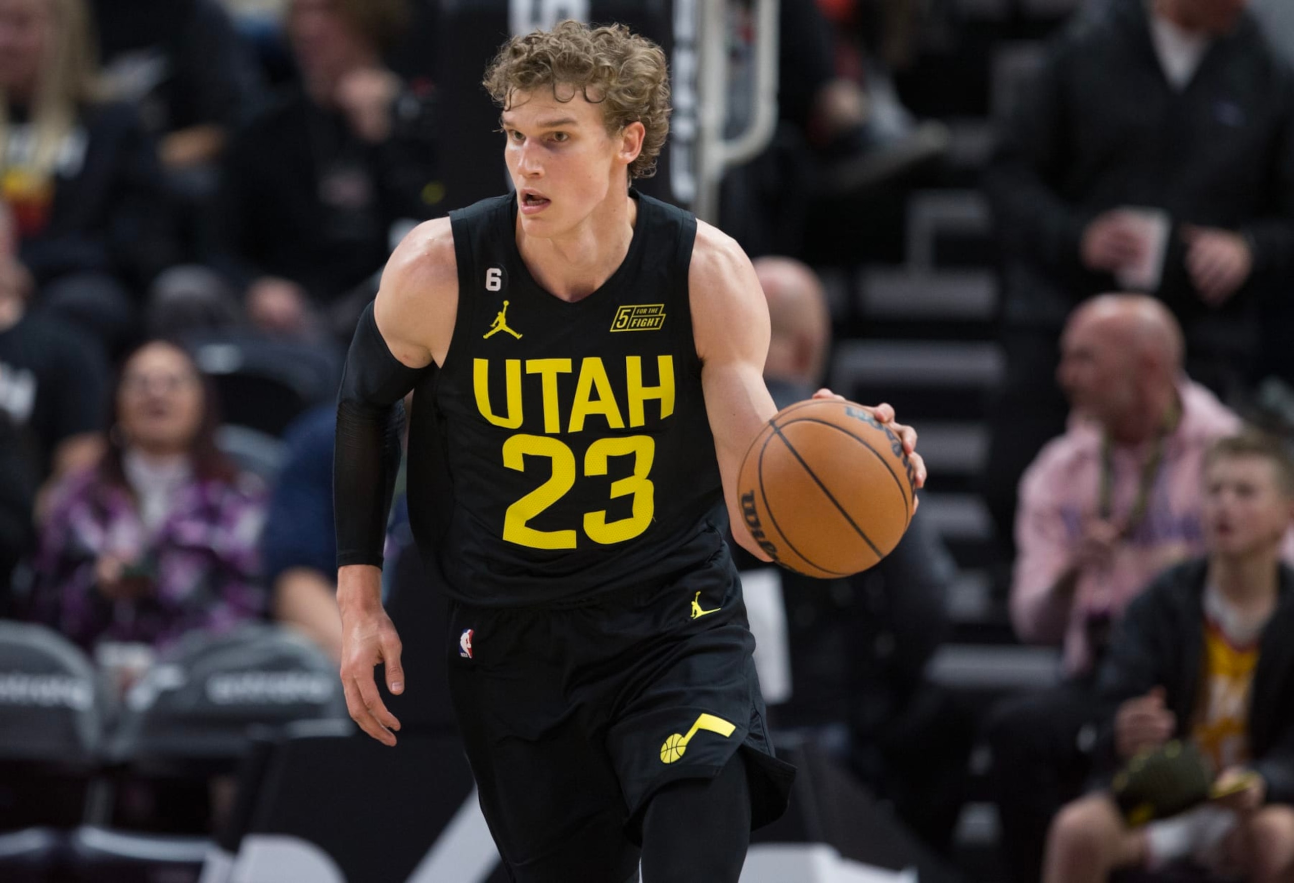 SALT LAKE CITY UT- NOVEMBER 7:  Lauri Markkanen #23 of the Utah Jazz brings the ball up the court agaisnt the Los Angeles Lakers during the second half of their game at the Vivint Arena November 7, 2022 in Salt Lake City Utah. NOTE TO USER: User expressly acknowledges and agrees that, by downloading and using this photograph, User is consenting to the terms and conditions of the Getty Images License Agreement (Photo by Chris Gardner/ Getty Images)