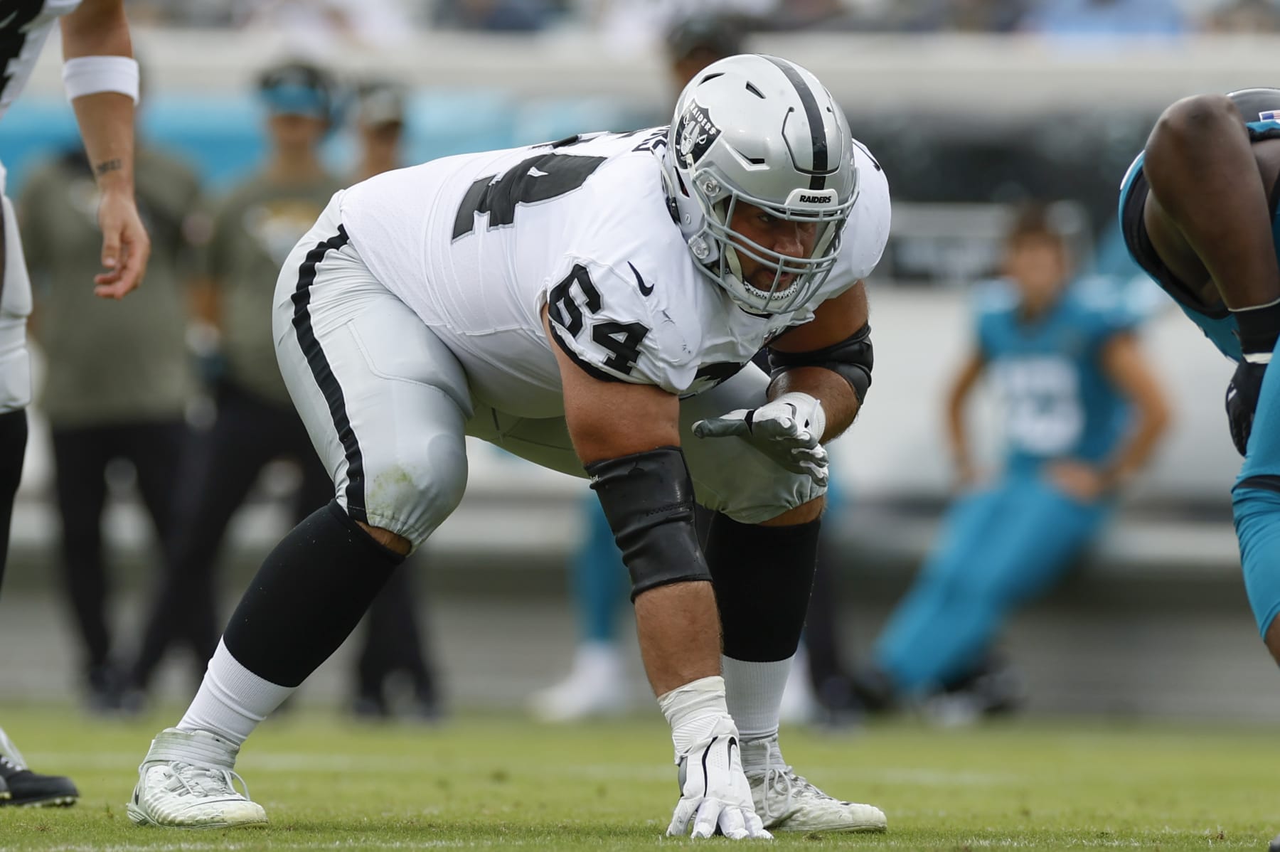 JACKSONVILLE, FL - NOVEMBER 06: Las Vegas Raiders guard Alex Bars (64) during the game between the Las Vegas Raiders and the Jacksonville Jaguars on November 6, 2022 at TIAA Bank Field in Jacksonville, Fl. (Photo by David Rosenblum/Icon Sportswire via Getty Images)