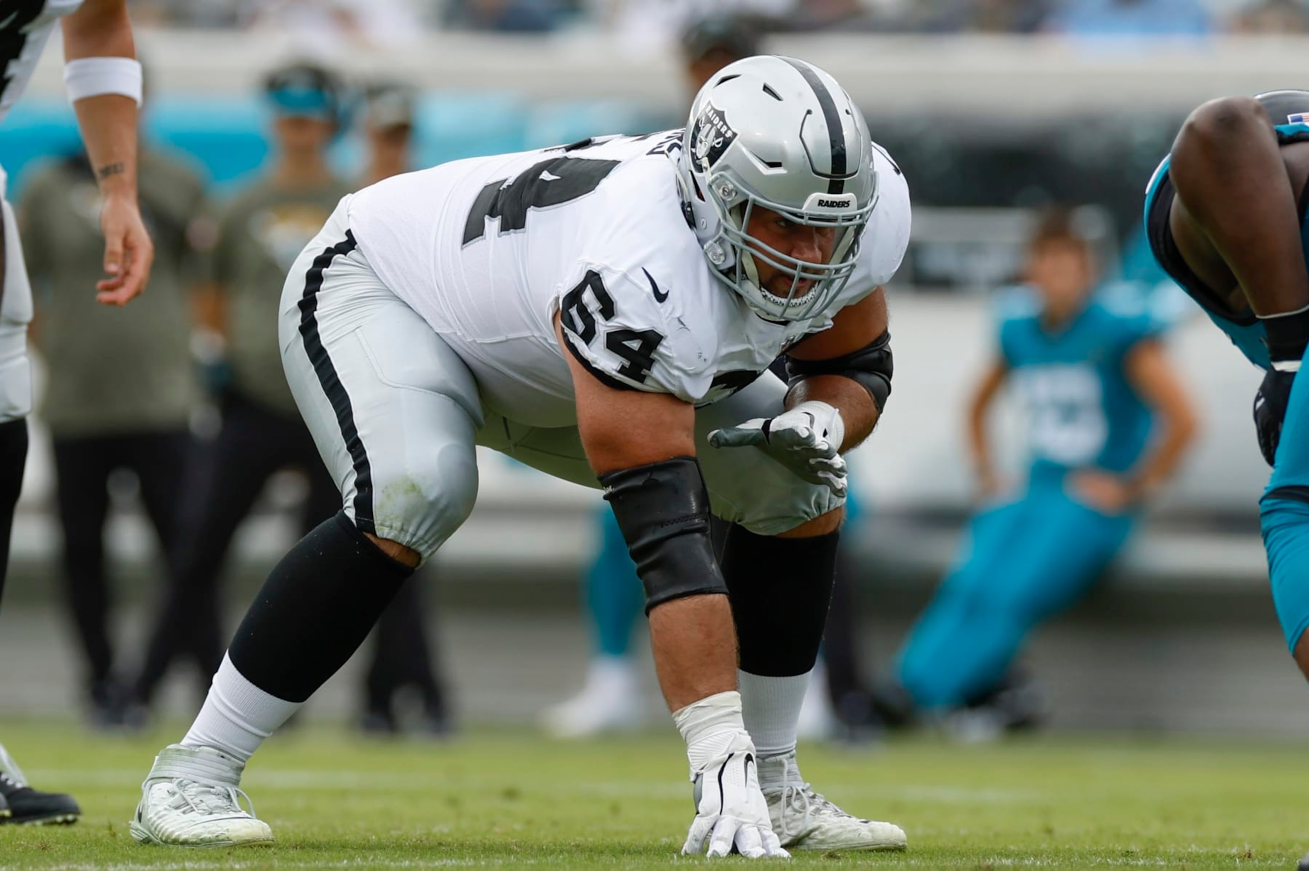 JACKSONVILLE, FL - NOVEMBER 06: Las Vegas Raiders guard Alex Bars (64) during the game between the Las Vegas Raiders and the Jacksonville Jaguars on November 6, 2022 at TIAA Bank Field in Jacksonville, Fl. (Photo by David Rosenblum/Icon Sportswire via Getty Images) JACKSONVILLE, FL - NOVEMBER 06: Las Vegas Raiders guard Alex Bars (64) during the game between the Las Vegas Raiders and the Jacksonville Jaguars on November 6, 2022 at TIAA Bank Field in Jacksonville, Fl. (Photo by David Rosenblum/Icon Sportswire via Getty Images)