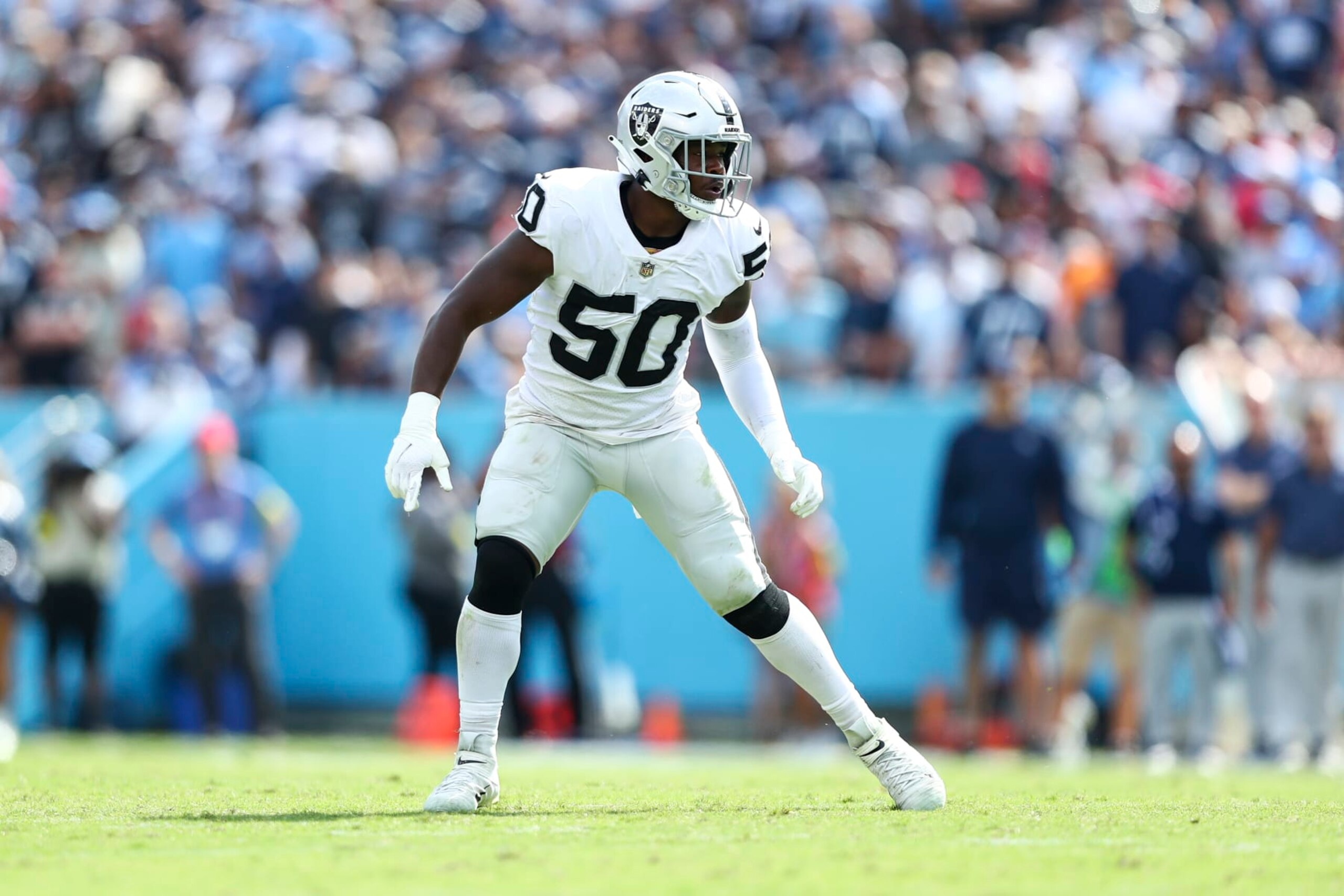 NASHVILLE, TN - SEPTEMBER 25: Jayon Brown #50 of the Las Vegas Raiders runs to the ball carrier during an NFL football game against the Tennessee Titans at Nissan Stadium on September 25, 2022 in Nashville, Tennessee. (Photo by Kevin Sabitus/Getty Images) NASHVILLE, TN - SEPTEMBER 25: Jayon Brown #50 of the Las Vegas Raiders runs to the ball carrier during an NFL football game against the Tennessee Titans at Nissan Stadium on September 25, 2022 in Nashville, Tennessee. (Photo by Kevin Sabitus/Getty Images)
