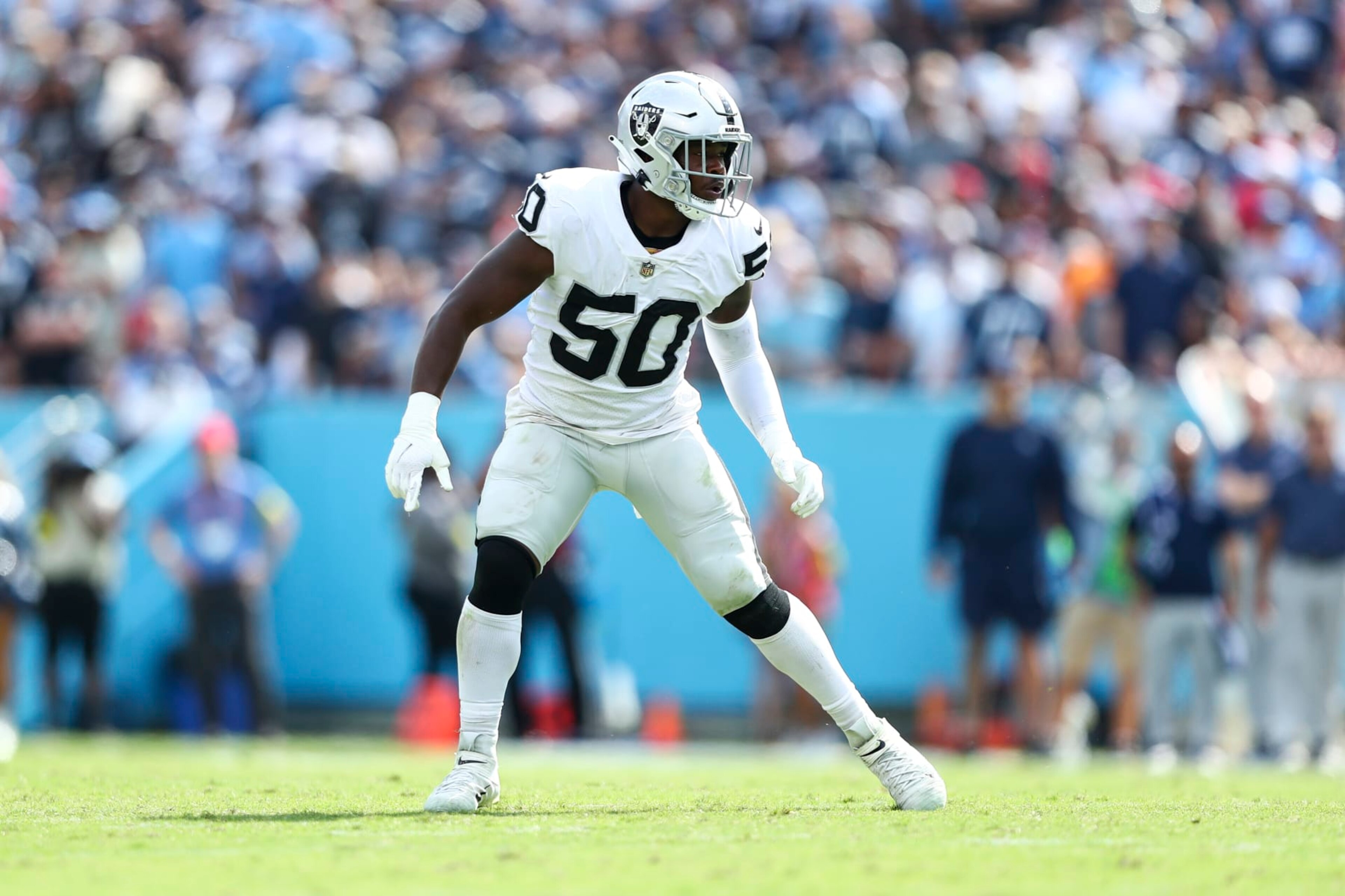 NASHVILLE, TN - SEPTEMBER 25: Jayon Brown #50 of the Las Vegas Raiders runs to the ball carrier during an NFL football game against the Tennessee Titans at Nissan Stadium on September 25, 2022 in Nashville, Tennessee. (Photo by Kevin Sabitus/Getty Images)