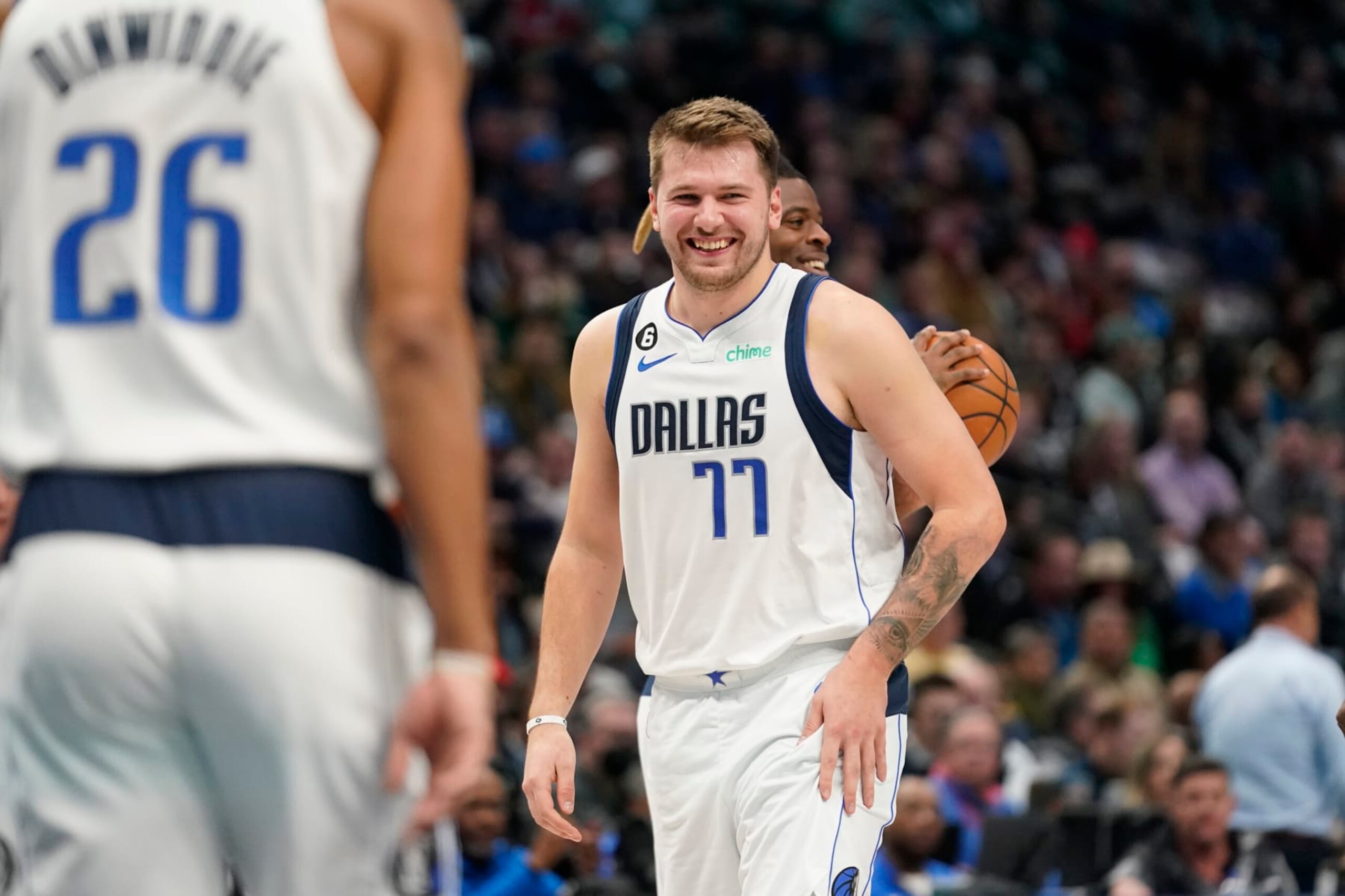 Dallas Mavericks guard Luka Doncic (77) has a laugh on the floor during the first half of an NBA basketball game against the Los Angeles Clippers in Dallas, Tuesday, Nov. 15, 2022. (AP Photo/LM Otero) Dallas Mavericks guard Luka Doncic (77) has a laugh on the floor during the first half of an NBA basketball game against the Los Angeles Clippers in Dallas, Tuesday, Nov. 15, 2022. (AP Photo/LM Otero)