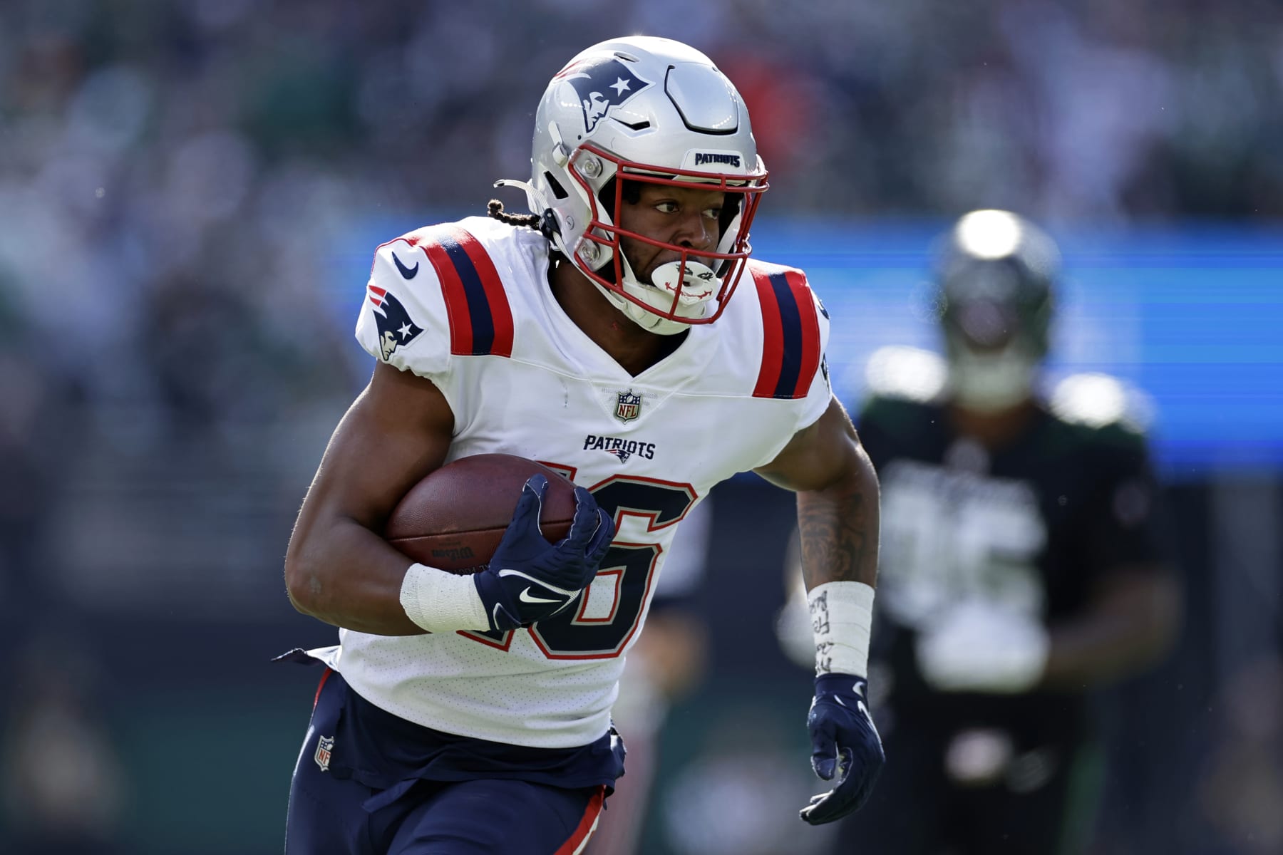 New England Patriots wide receiver Jakobi Meyers (16) runs with the ball against the New York Jets during an NFL football game Sunday, Oct. 30, 2022, in East Rutherford, N.J. (AP Photo/Adam Hunger)