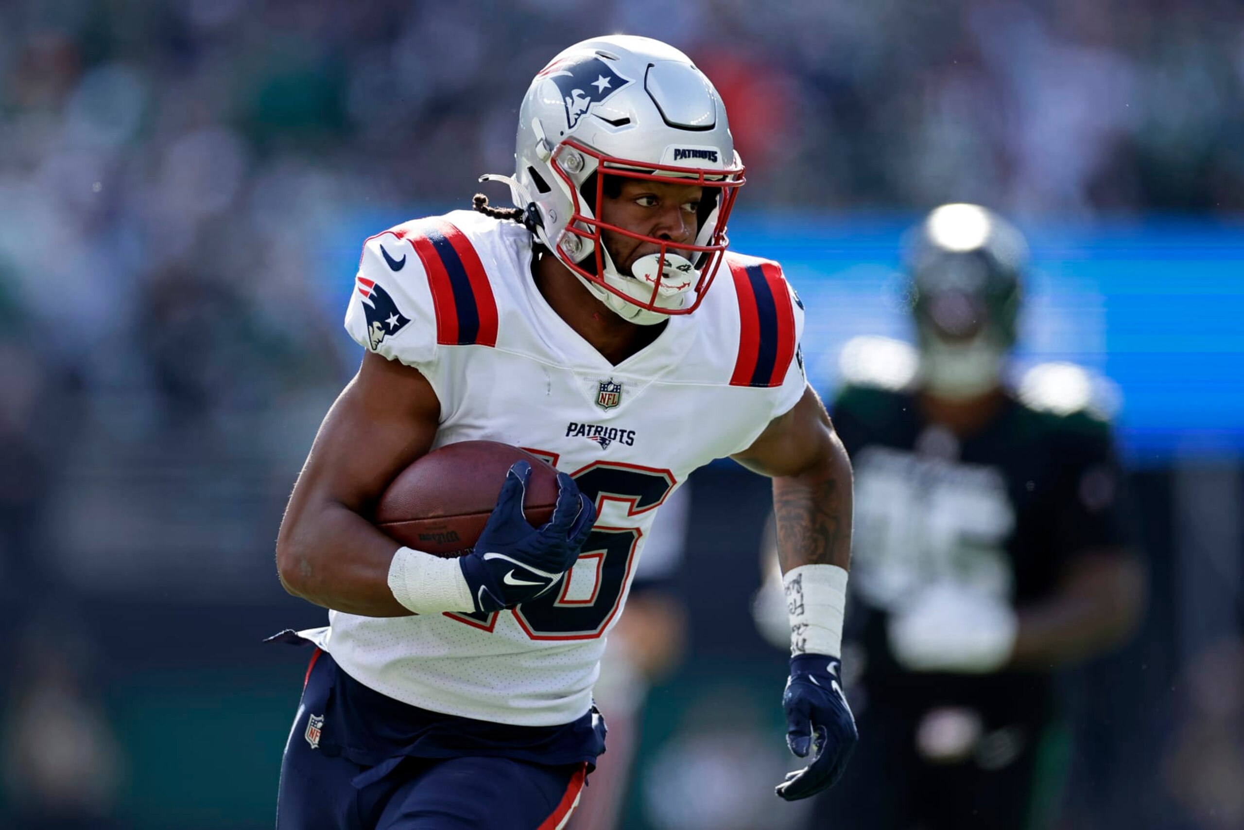 New England Patriots wide receiver Jakobi Meyers (16) runs with the ball against the New York Jets during an NFL football game Sunday, Oct. 30, 2022, in East Rutherford, N.J. (AP Photo/Adam Hunger)