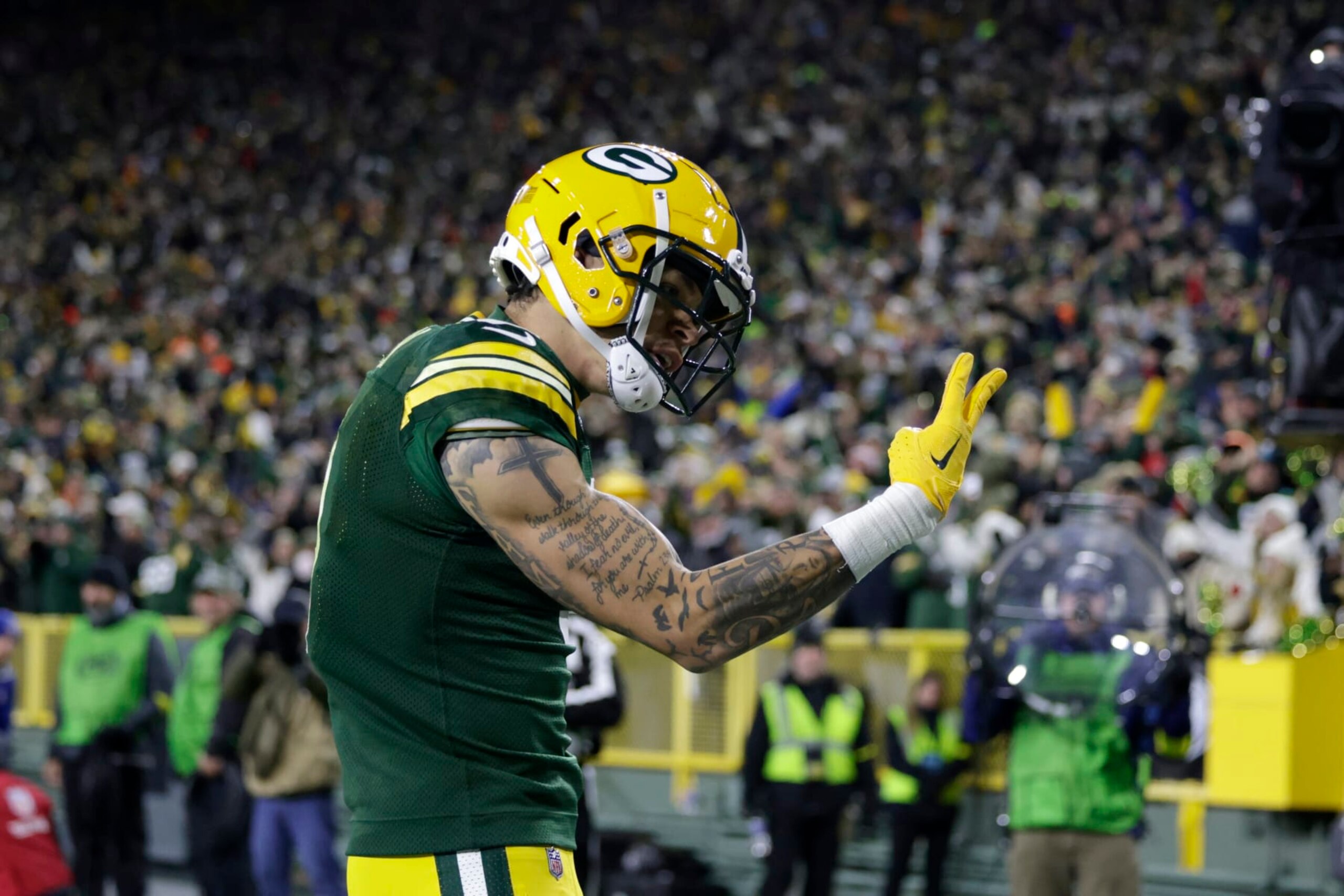 Green Bay Packers wide receiver Christian Watson (9) celebrates catching a touchdown pass during the second half of an NFL football game against the Dallas Cowboys Sunday, Nov. 13, 2022, in Green Bay, Wis. (AP Photo/Matt Ludtke) Green Bay Packers wide receiver Christian Watson (9) celebrates catching a touchdown pass during the second half of an NFL football game against the Dallas Cowboys Sunday, Nov. 13, 2022, in Green Bay, Wis. (AP Photo/Matt Ludtke)