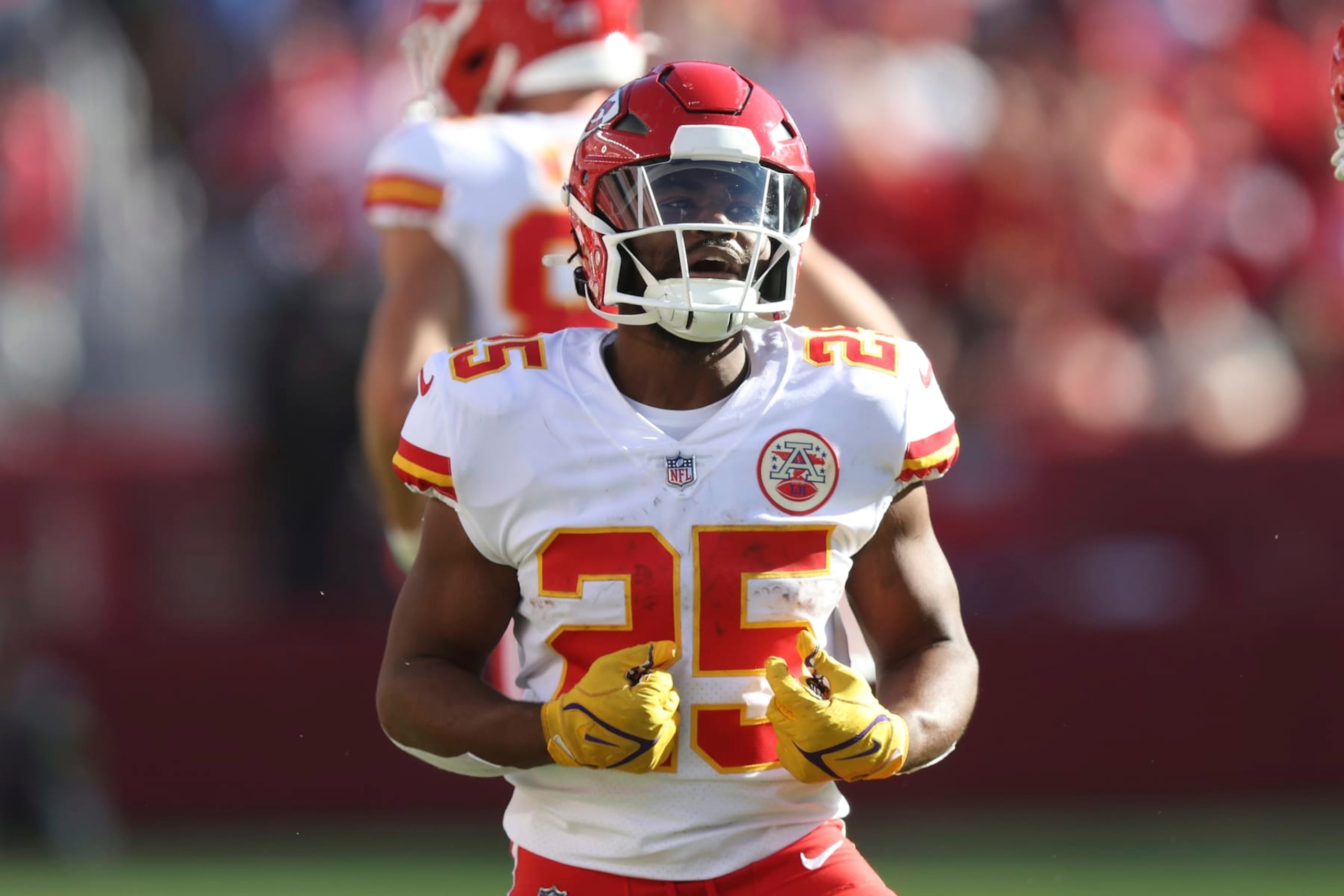 Kansas City Chiefs running back Clyde Edwards-Helaire (25) looks on in the third quarter during an NFL football game against the San Francisco 49ers, Sunday, Oct. 23, 2022 in Santa Clara, Calif. (AP Photo/Lachlan Cunningham) Kansas City Chiefs running back Clyde Edwards-Helaire (25) looks on in the third quarter during an NFL football game against the San Francisco 49ers, Sunday, Oct. 23, 2022 in Santa Clara, Calif. (AP Photo/Lachlan Cunningham)