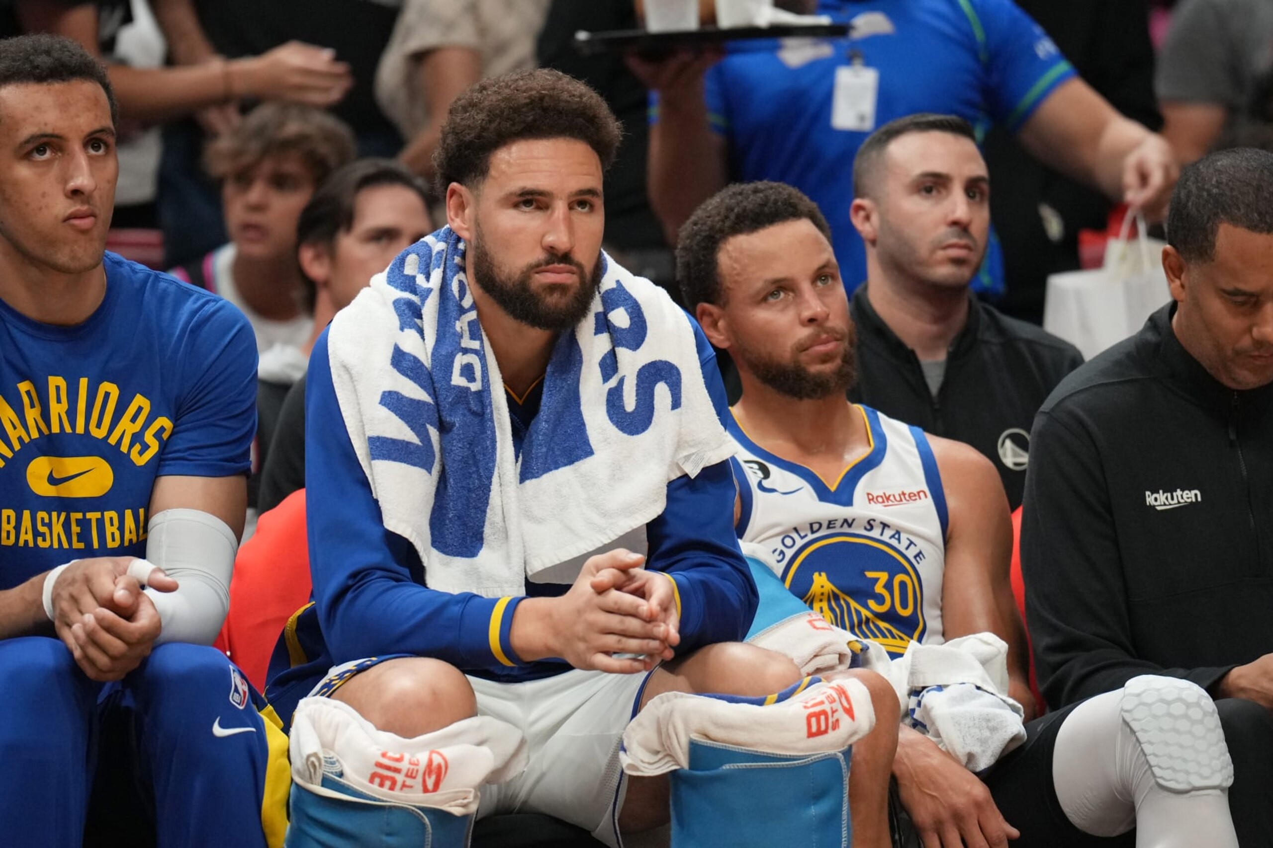 MIAMI, FL - NOVEMBER 1: Klay Thompson #11 and Stephen Curry #30 of the Golden State Warriors sit on the bench during the game against the Miami Heat on November 1, 2022 at FTX Arena in Miami, Florida. NOTE TO USER: User expressly acknowledges and agrees that, by downloading and or using this Photograph, user is consenting to the terms and conditions of the Getty Images License Agreement. Mandatory Copyright Notice: Copyright 2022 NBAE (Photo by Jesse D. Garrabrant/NBAE via Getty Images) MIAMI, FL - NOVEMBER 1: Klay Thompson #11 and Stephen Curry #30 of the Golden State Warriors sit on the bench during the game against the Miami Heat on November 1, 2022 at FTX Arena in Miami, Florida. NOTE TO USER: User expressly acknowledges and agrees that, by downloading and or using this Photograph, user is consenting to the terms and conditions of the Getty Images License Agreement. Mandatory Copyright Notice: Copyright 2022 NBAE (Photo by Jesse D. Garrabrant/NBAE via Getty Images)