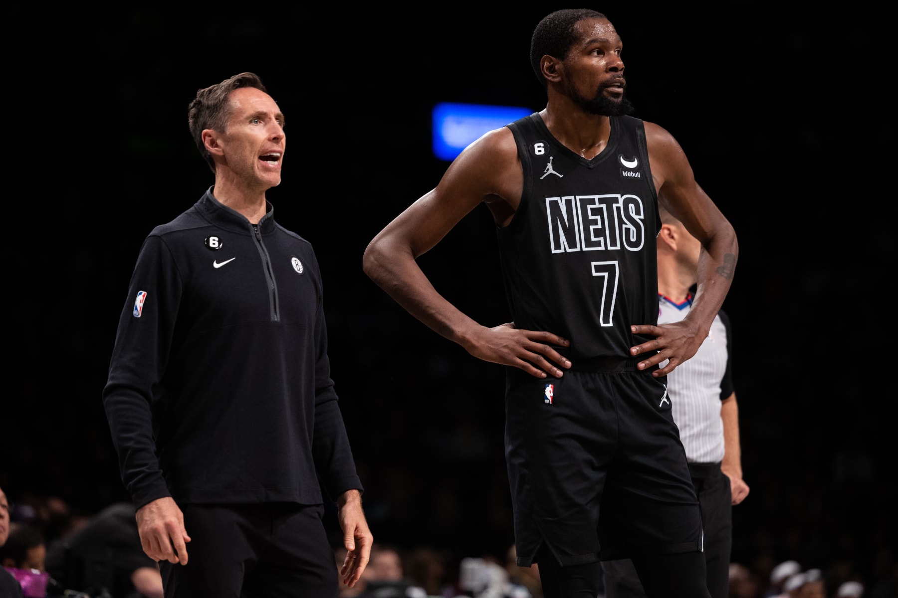 NEW YORK, NEW YORK - OCTOBER 31: Head coach Steve Nash and Kevin Durant #7 of the Brooklyn Nets look on during a break in the action during the third quarter of the game against the Indiana Pacers at Barclays Center on October 31, 2022 in New York City. NOTE TO USER: User expressly acknowledges and agrees that, by downloading and or using this photograph, User is consenting to the terms and conditions of the Getty Images License Agreement. (Photo by Dustin Satloff/Getty Images)