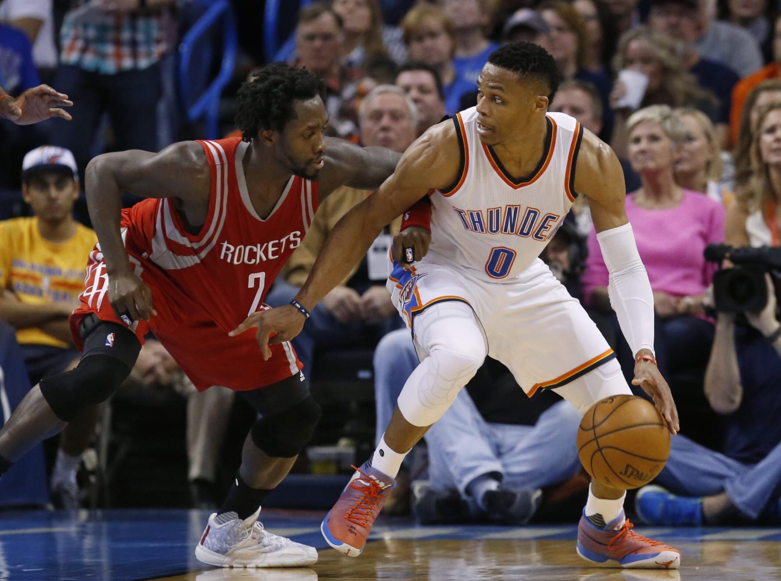 Oklahoma City Thunder guard Russell Westbrook (0) drives against Houston Rockets guard Patrick Beverley during the second quarter of an NBA basketball game in Oklahoma City, Friday, Jan. 29, 2016. (AP Photo/Sue Ogrocki) Oklahoma City Thunder guard Russell Westbrook (0) drives against Houston Rockets guard Patrick Beverley during the second quarter of an NBA basketball game in Oklahoma City, Friday, Jan. 29, 2016. (AP Photo/Sue Ogrocki)